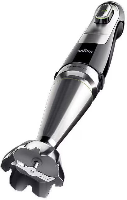 Mixeur plongeant noir et argent. Le Braun ActiveBlade a une lame au bout.