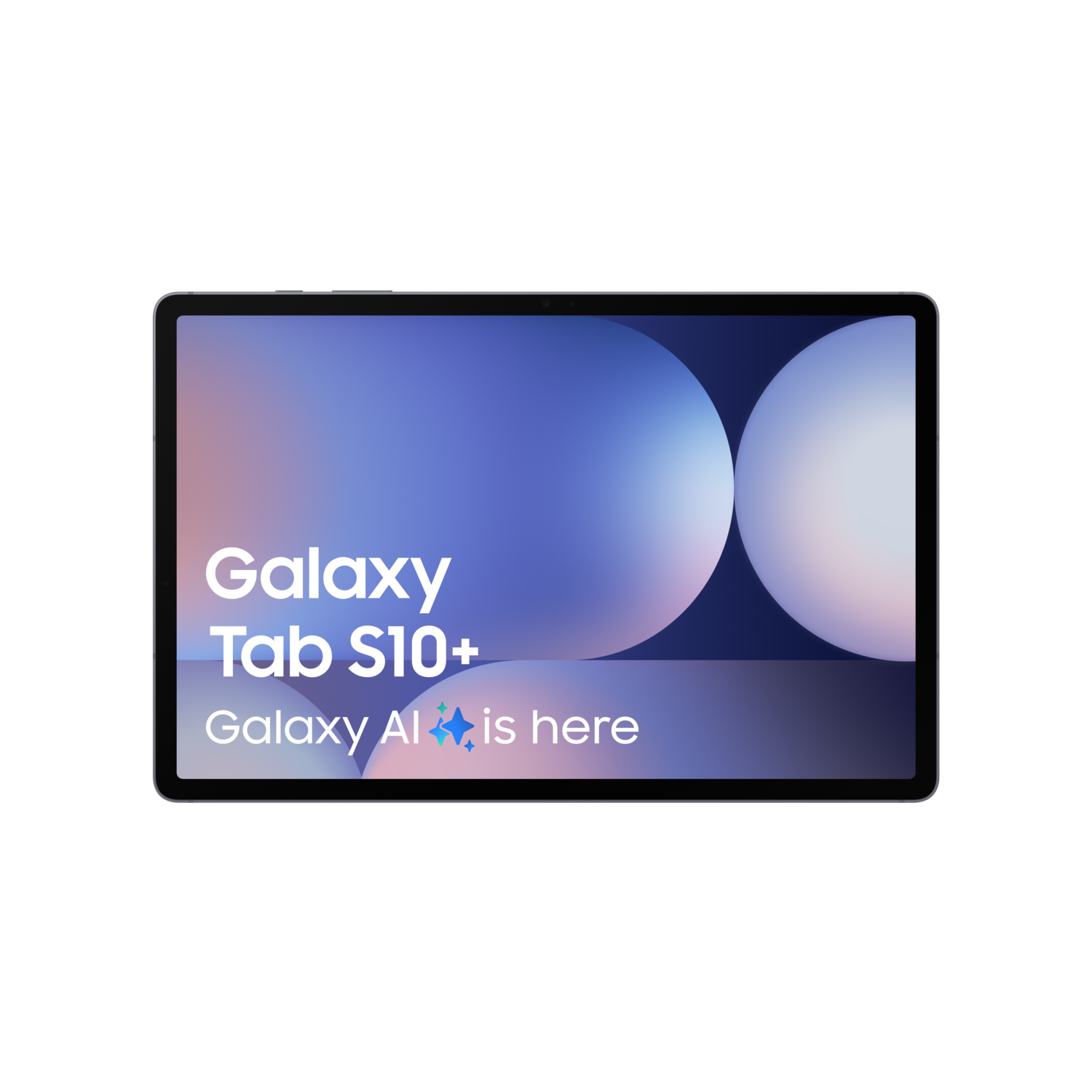Een tablet die de Galaxy Tab S10+ weergeeft met een blauwe en witte achtergrond.