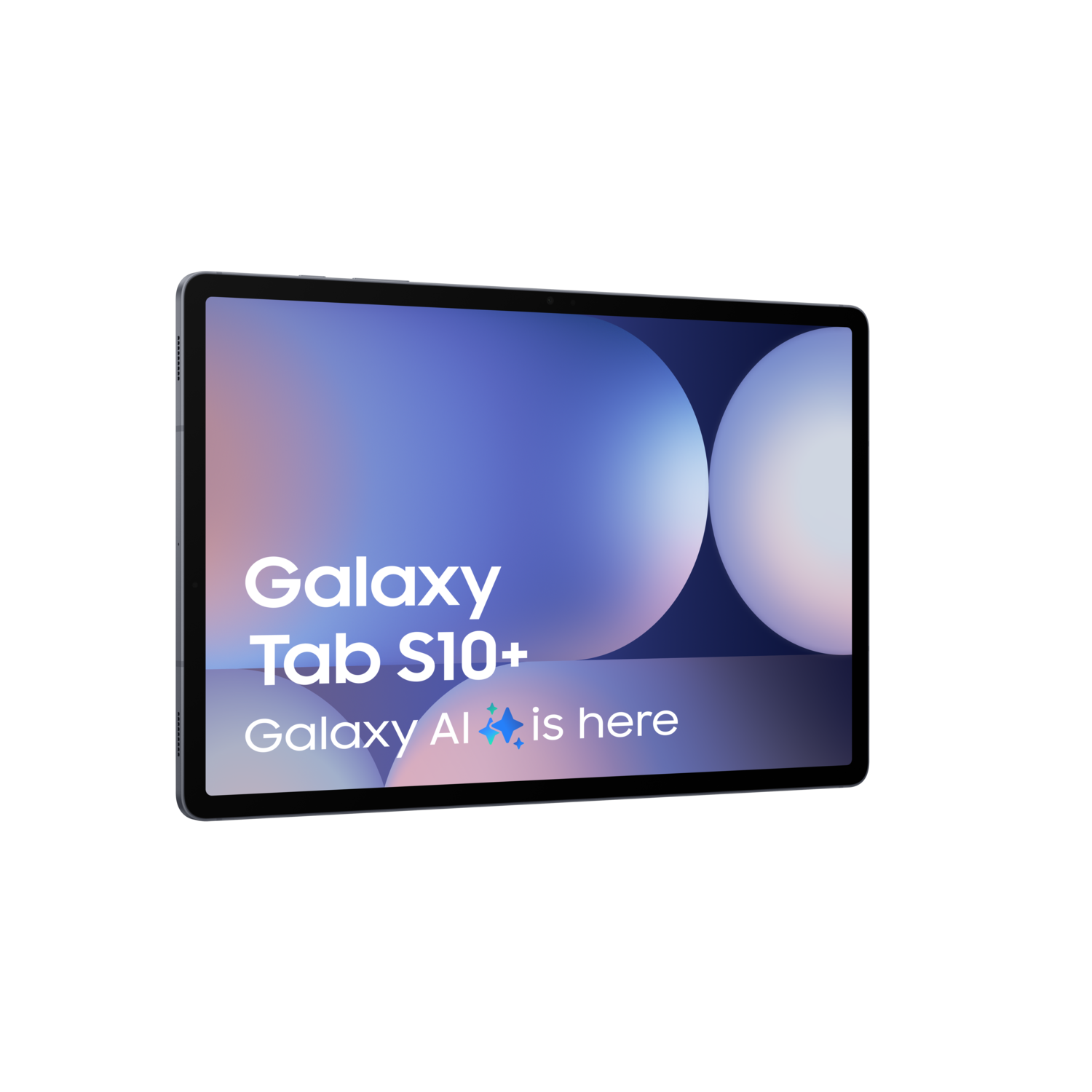 Een tablet Galaxy Tab S10+ op een zwarte achtergrond. Het scherm toont een afbeelding.