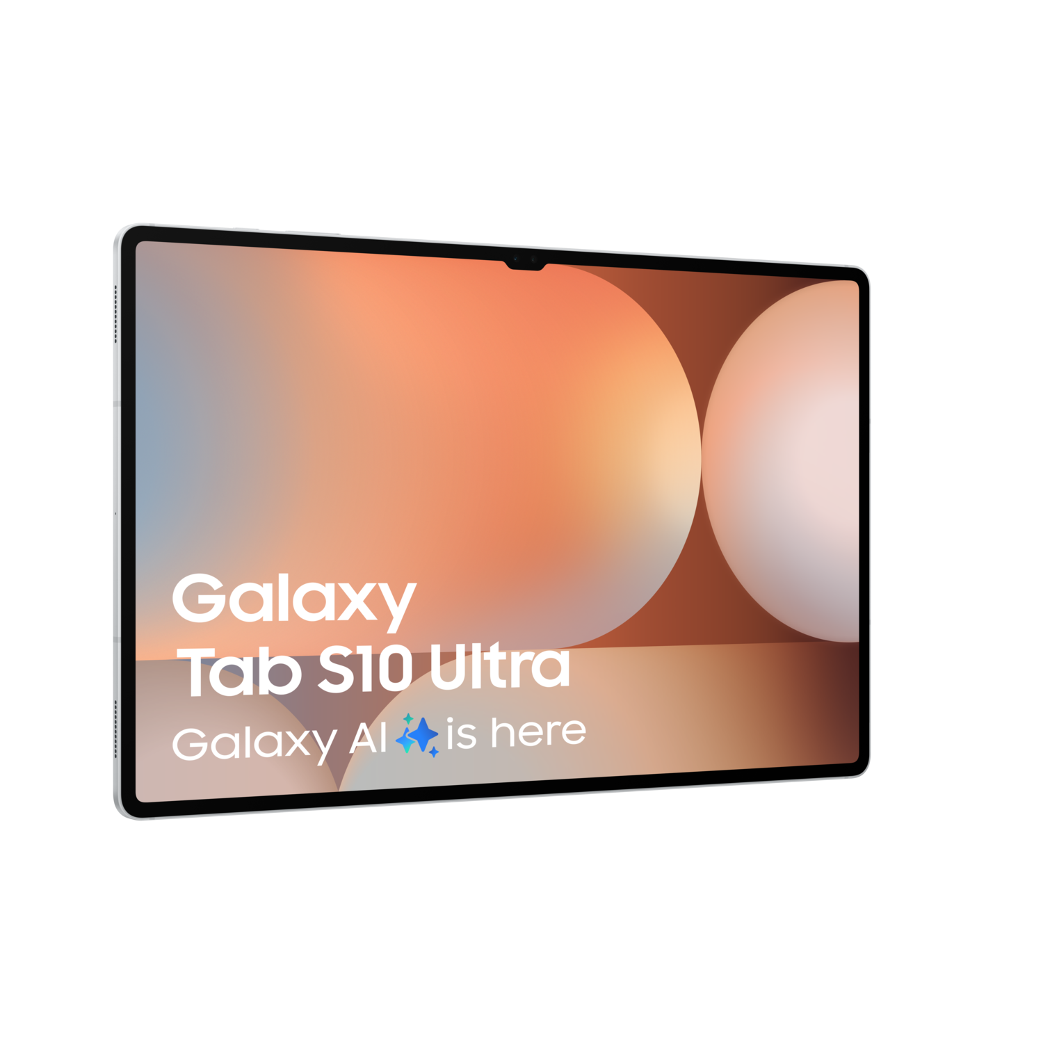 A tablet with text 'Galaxy Tab S10 Ultra' and 'Galaxy AI is here' on a blurred background.