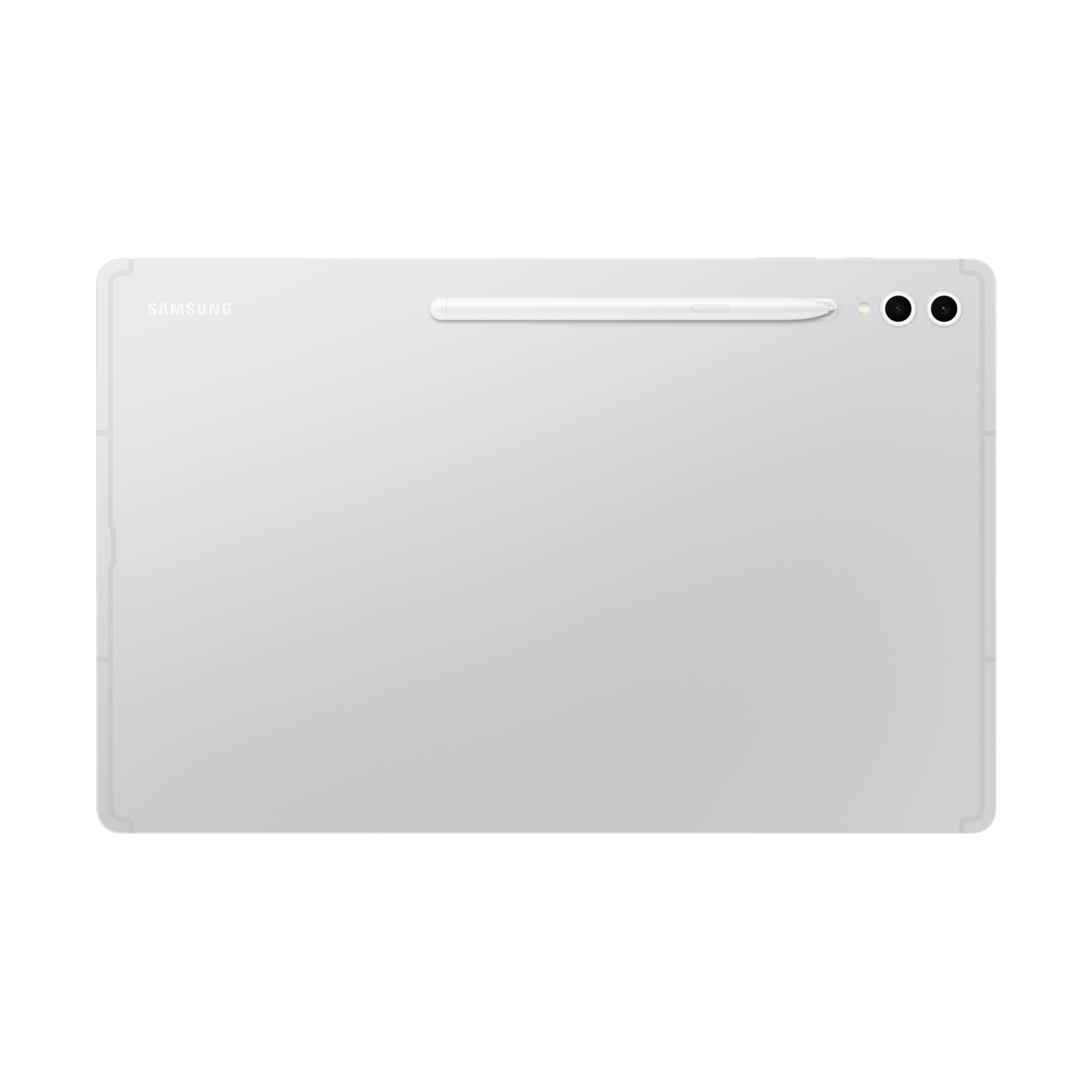 A silver tablet with a stylus on top, with two camera lenses, against a black background.