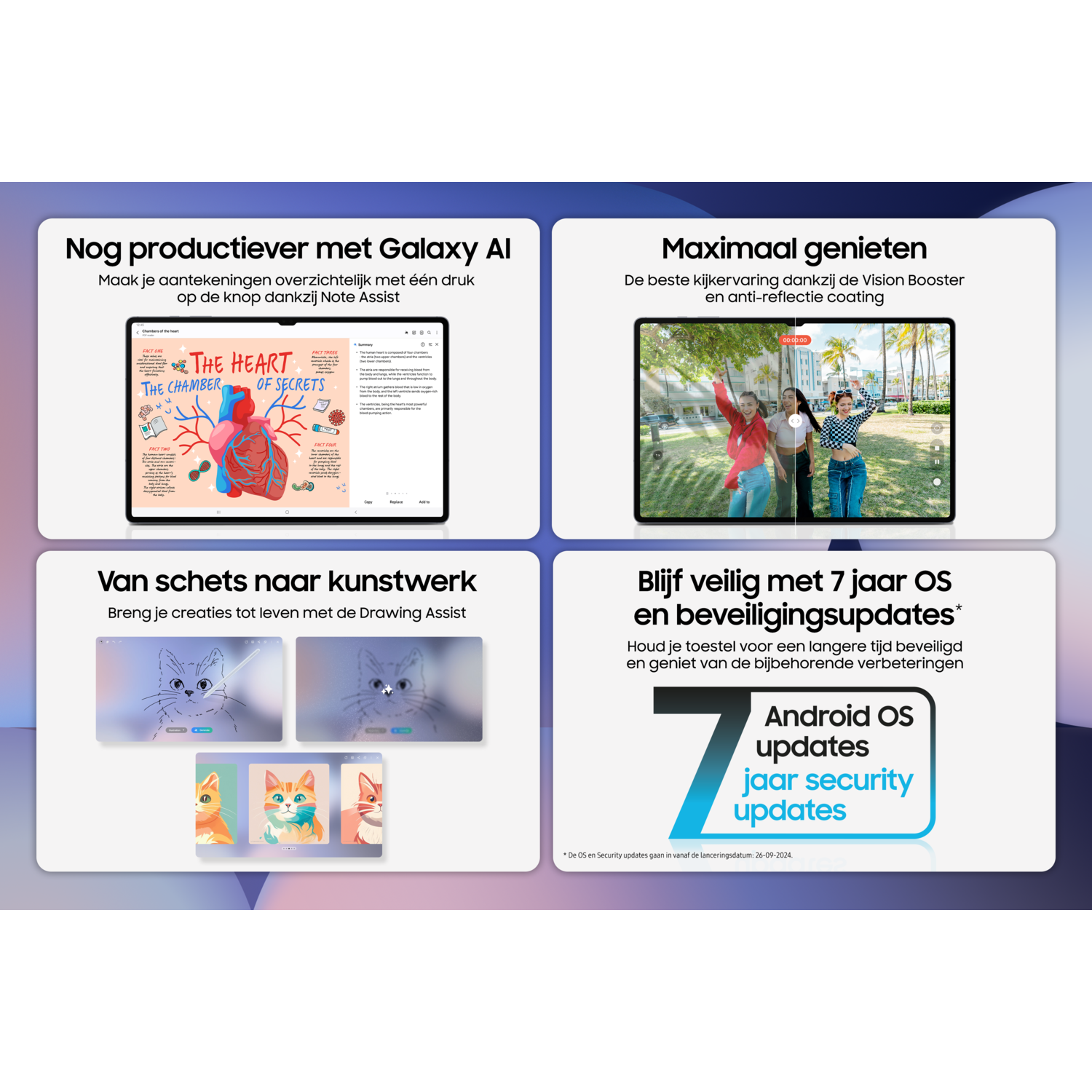 A poster with four panels showing a tablet interface with drawings, and text.