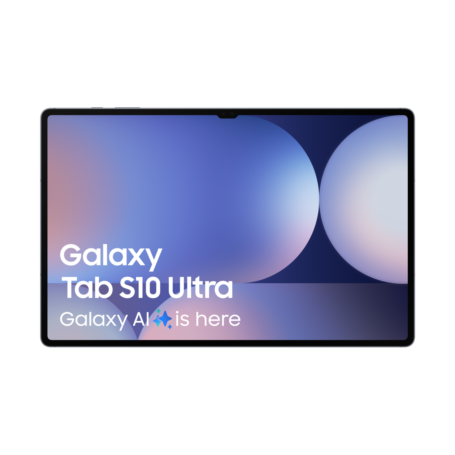 Tablet met Galaxy Tab S10 Ultra logo op scherm, blauwe en witte achtergrond.