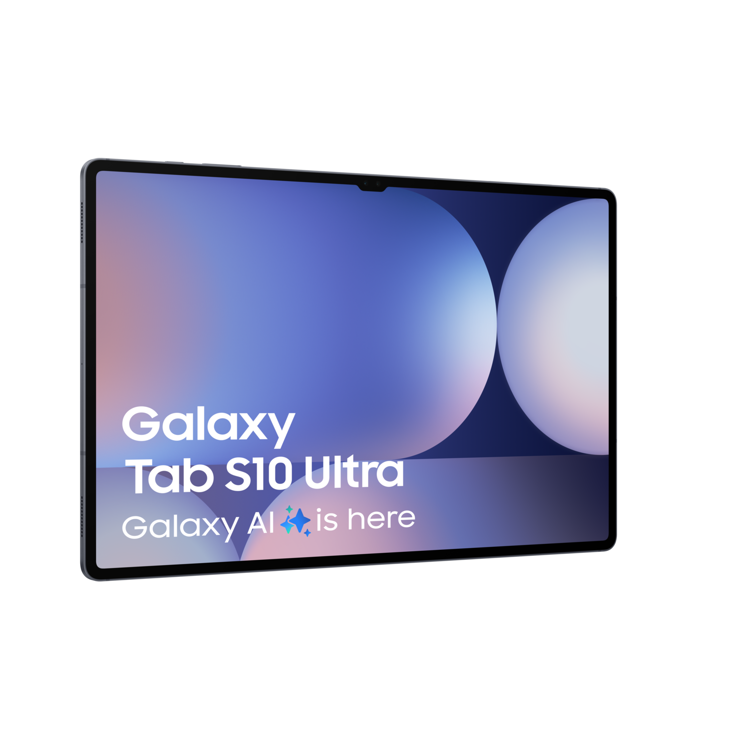 Tablet met een blauw en wit scherm. De tekst "Galaxy Tab S10 Ultra" is zichtbaar.