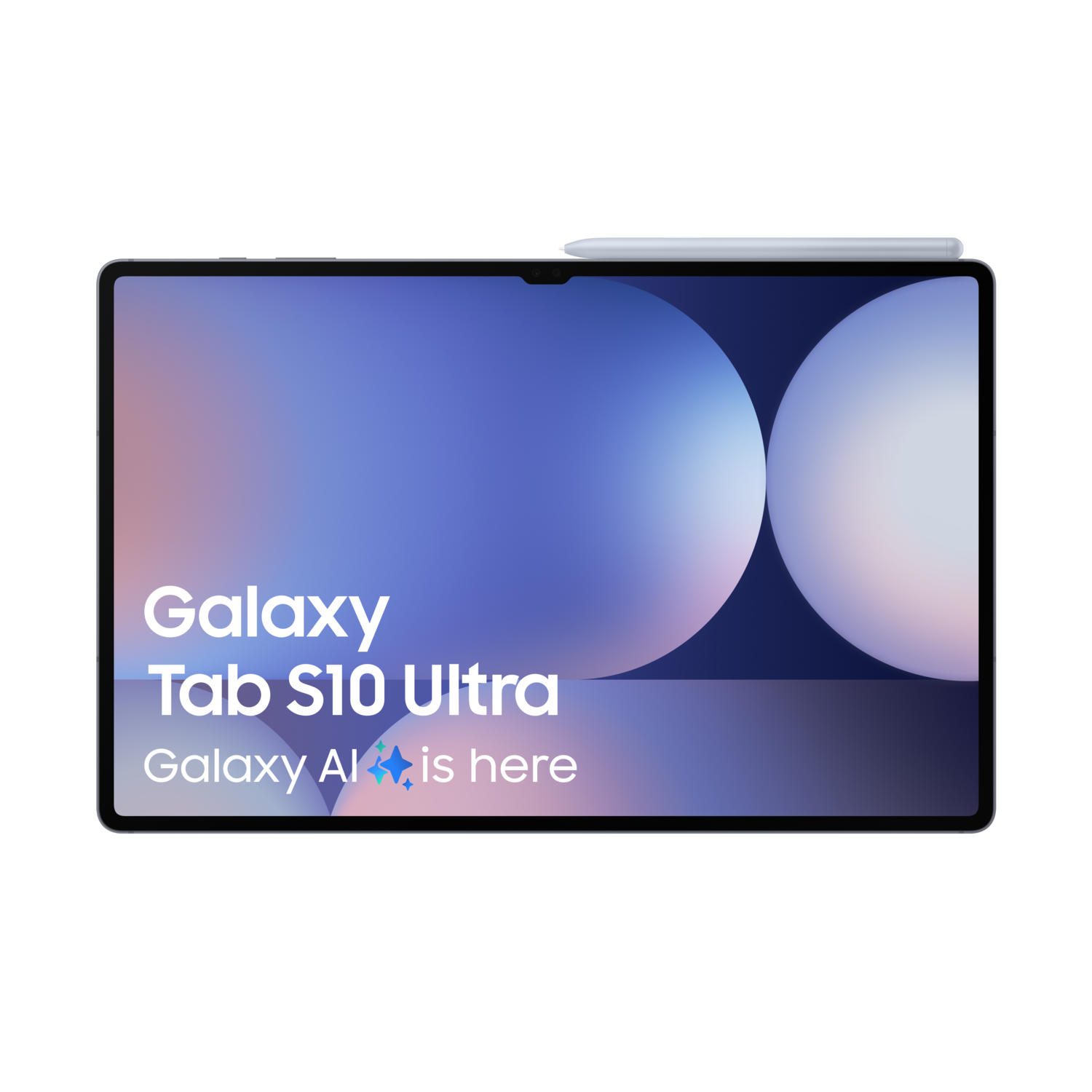 Een tablet toont de woorden 'Galaxy Tab S10 Ultra'. Een stylus ligt erop.