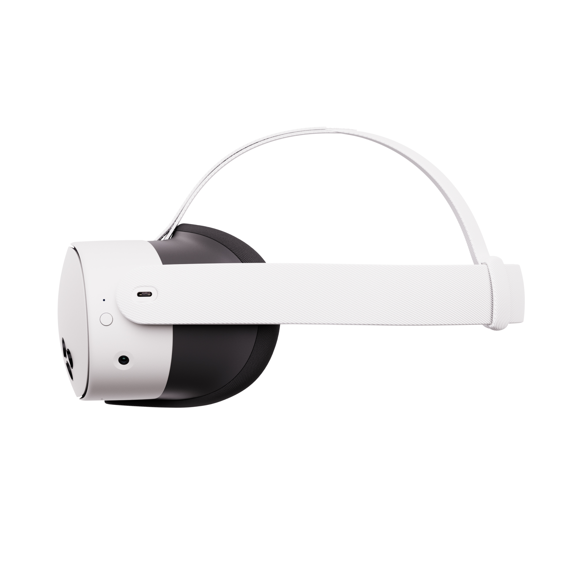 White and black VR headset. Side view, featuring the strap and the lenses.