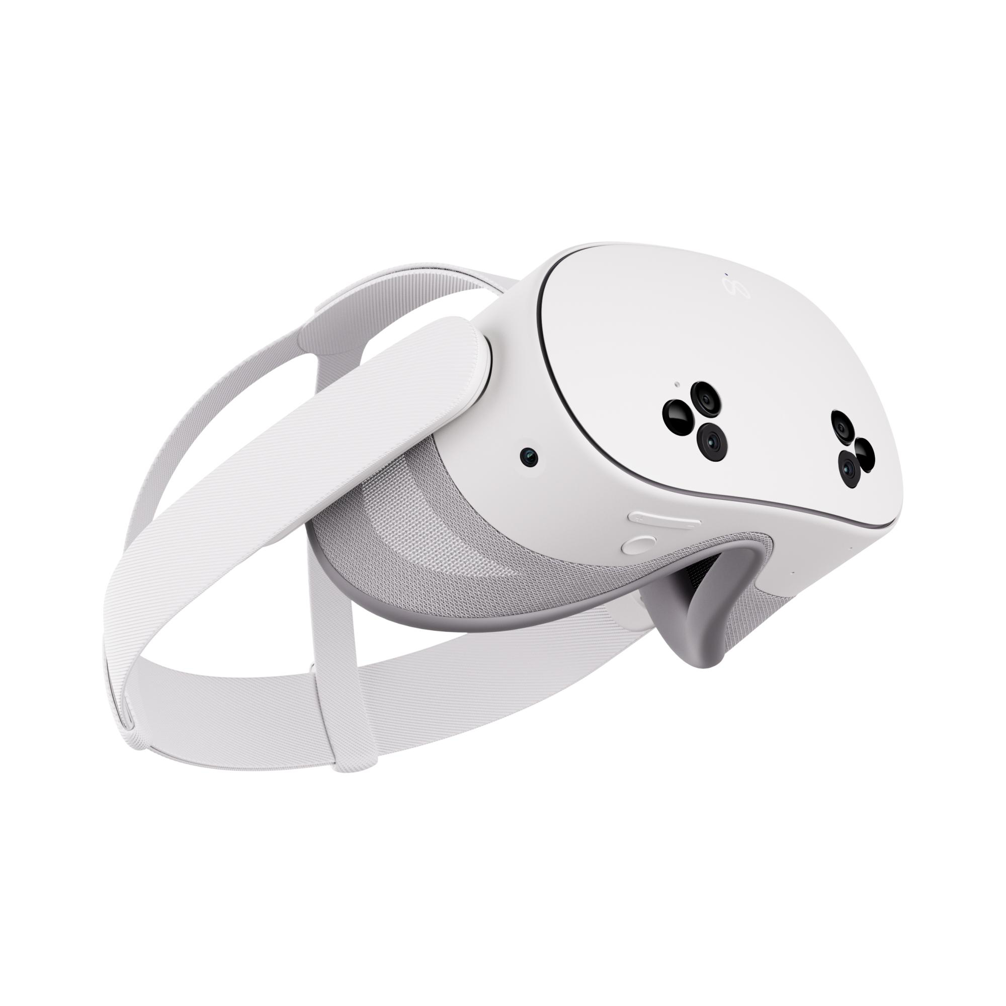 Ein weißes VR-Headset angewinkelt, das Front- und Seitendetails zeigt.