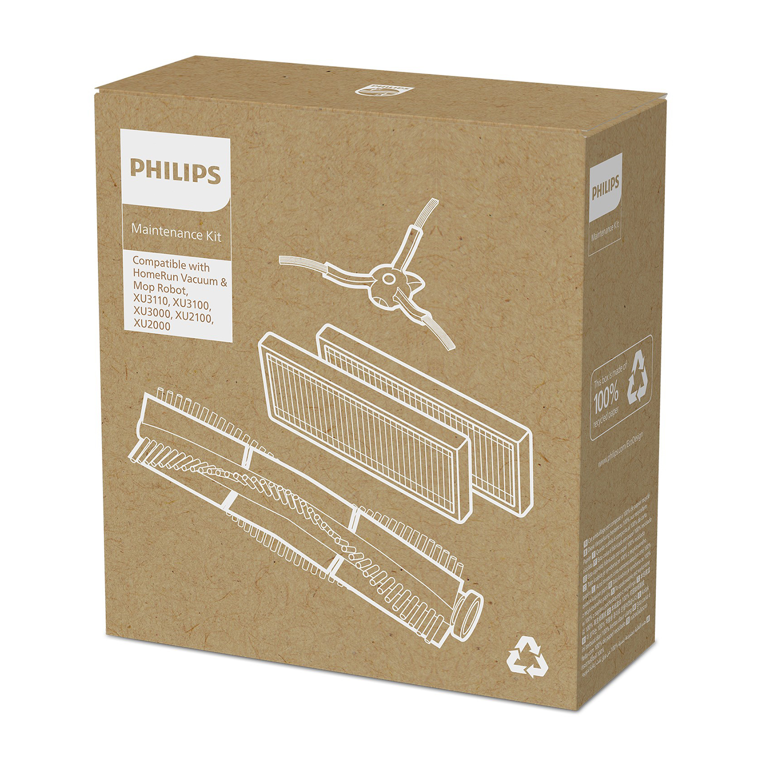 Scatola di cartone marrone con diagrammi stampati di parti di aspirapolvere. Logo Philips in alto. Include kit.