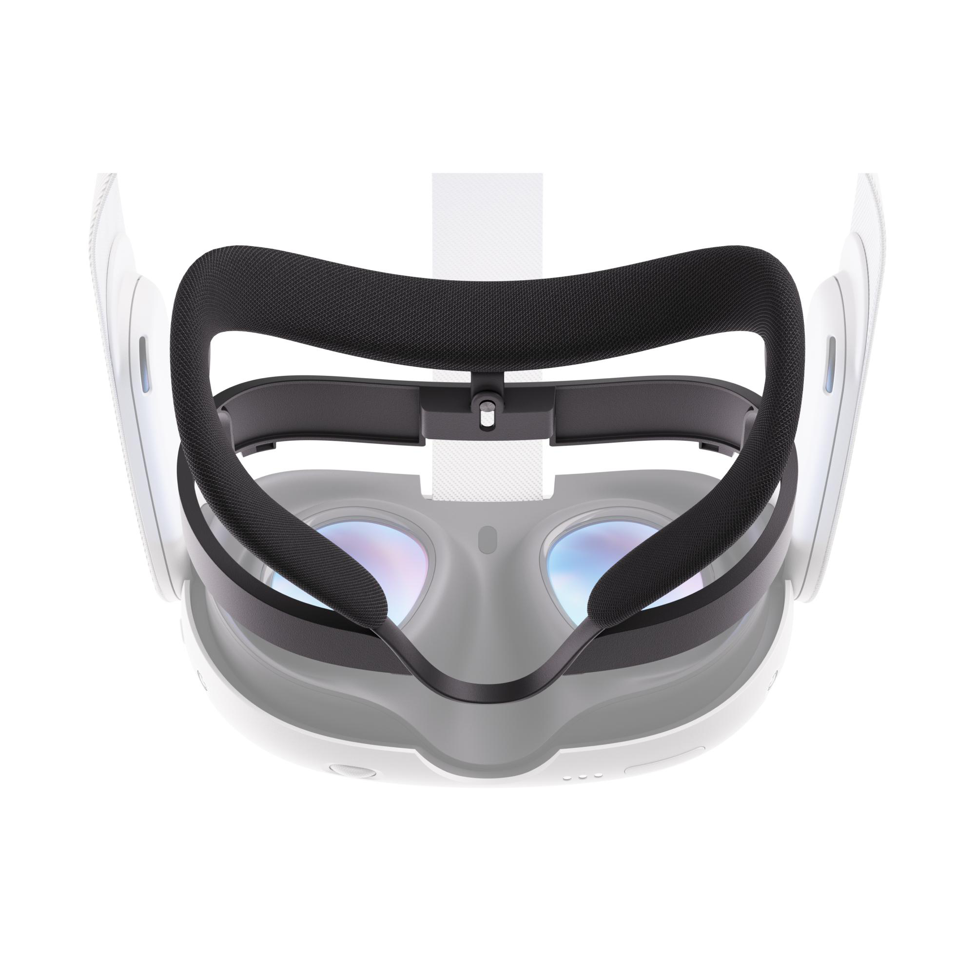 VR-Headset mit schwarzer Polsterung, weißem Rahmen und Linsen. Nahaufnahme auf weißem Hintergrund.
