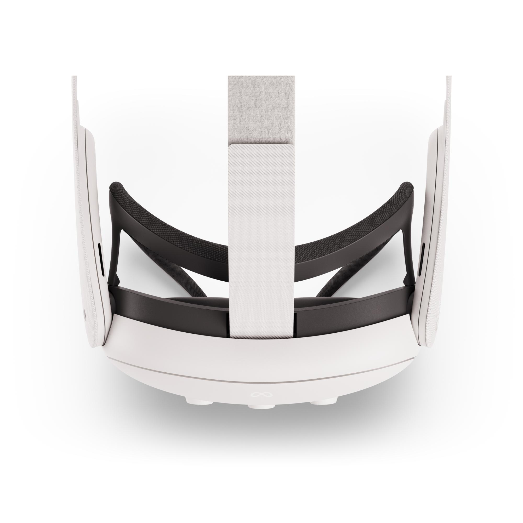 Ein weißes VR-Headset von oben. Es hat ein schwarzes Kissen und ein Stoffband.