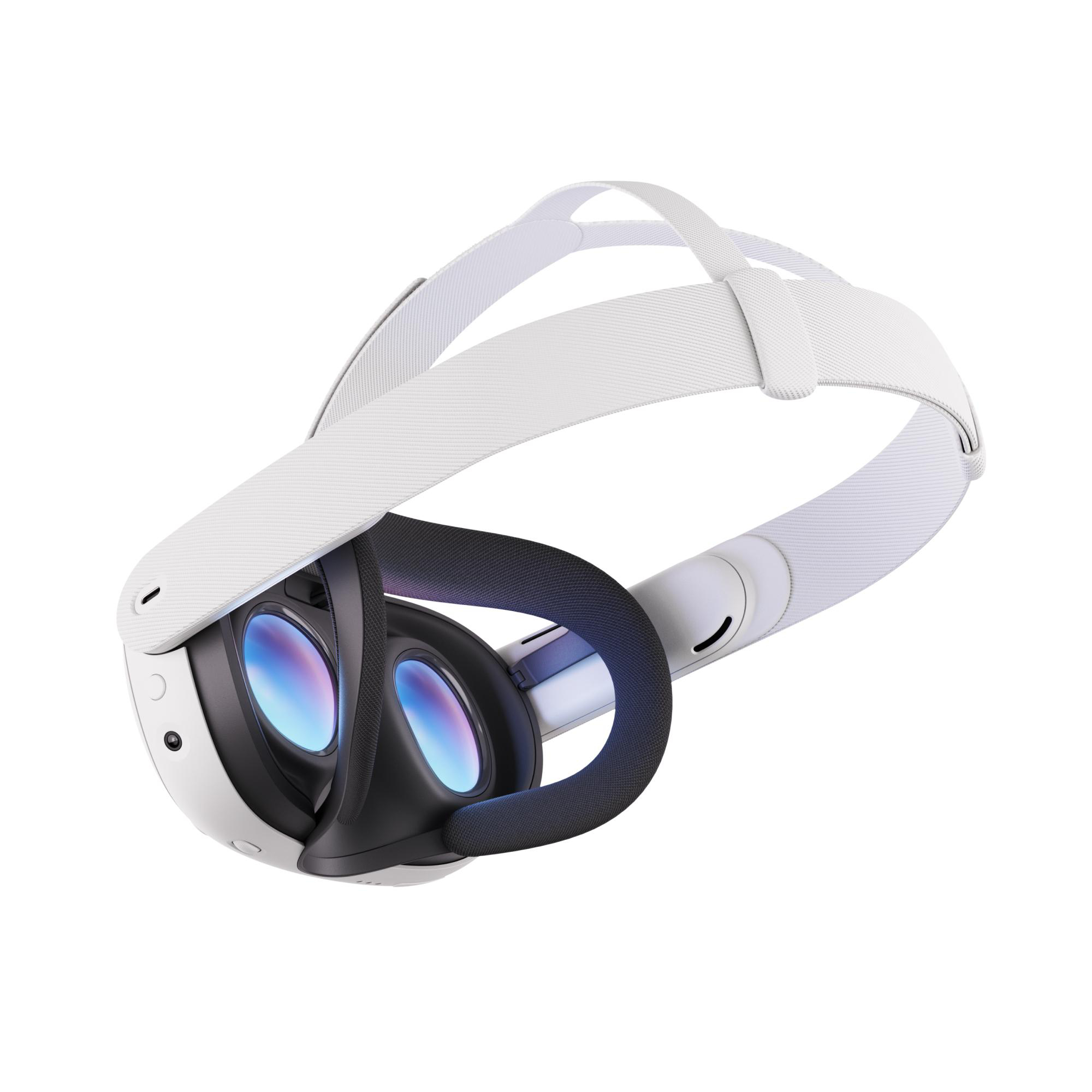 Ein weißes VR-Headset, leicht angewinkelt. Es hat eine schwarze Gesichtsabdeckung und Linsen, mit weißen Riemen.
