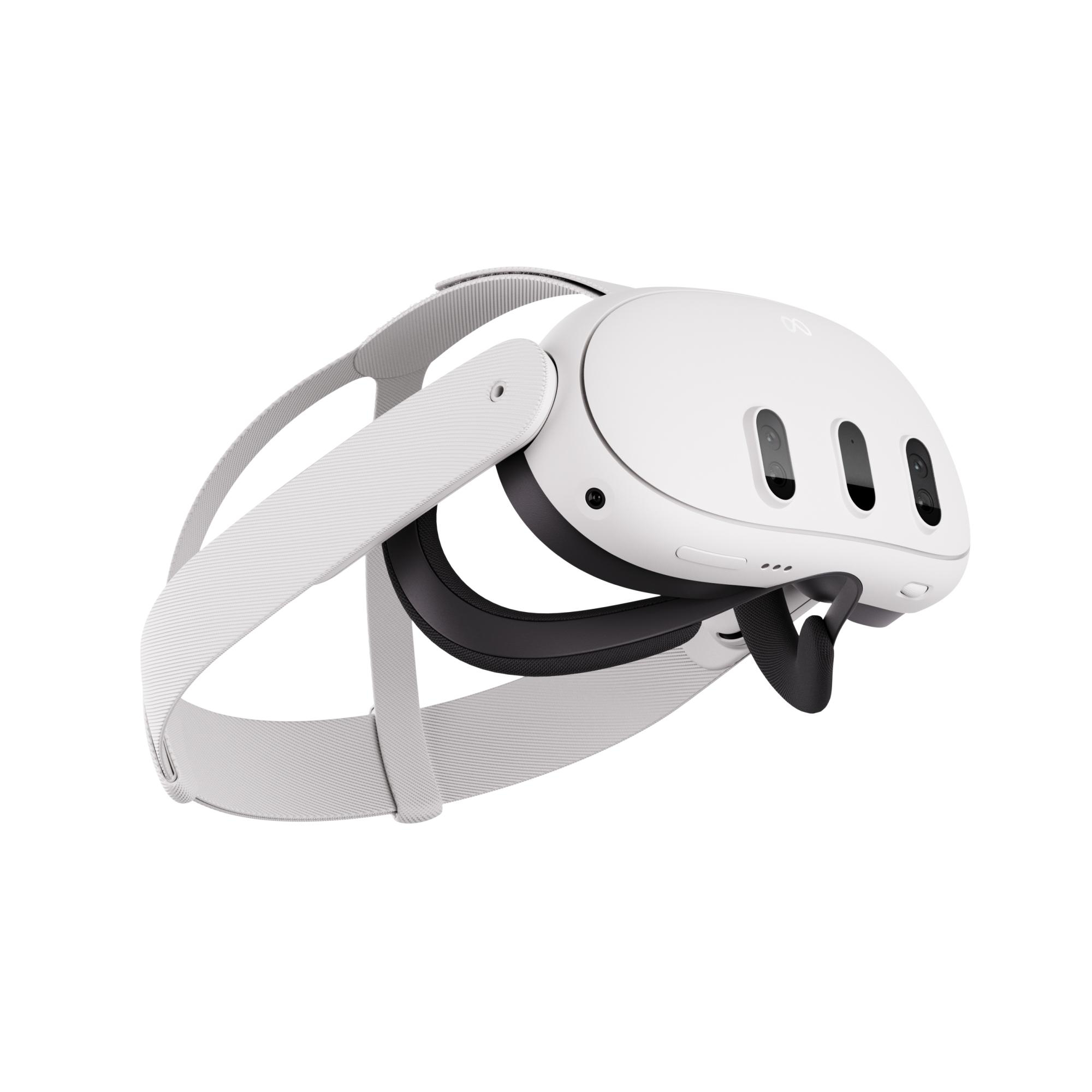 Ein weißes VR-Headset mit drei nach vorne gerichteten Kameras und einem Riemen.