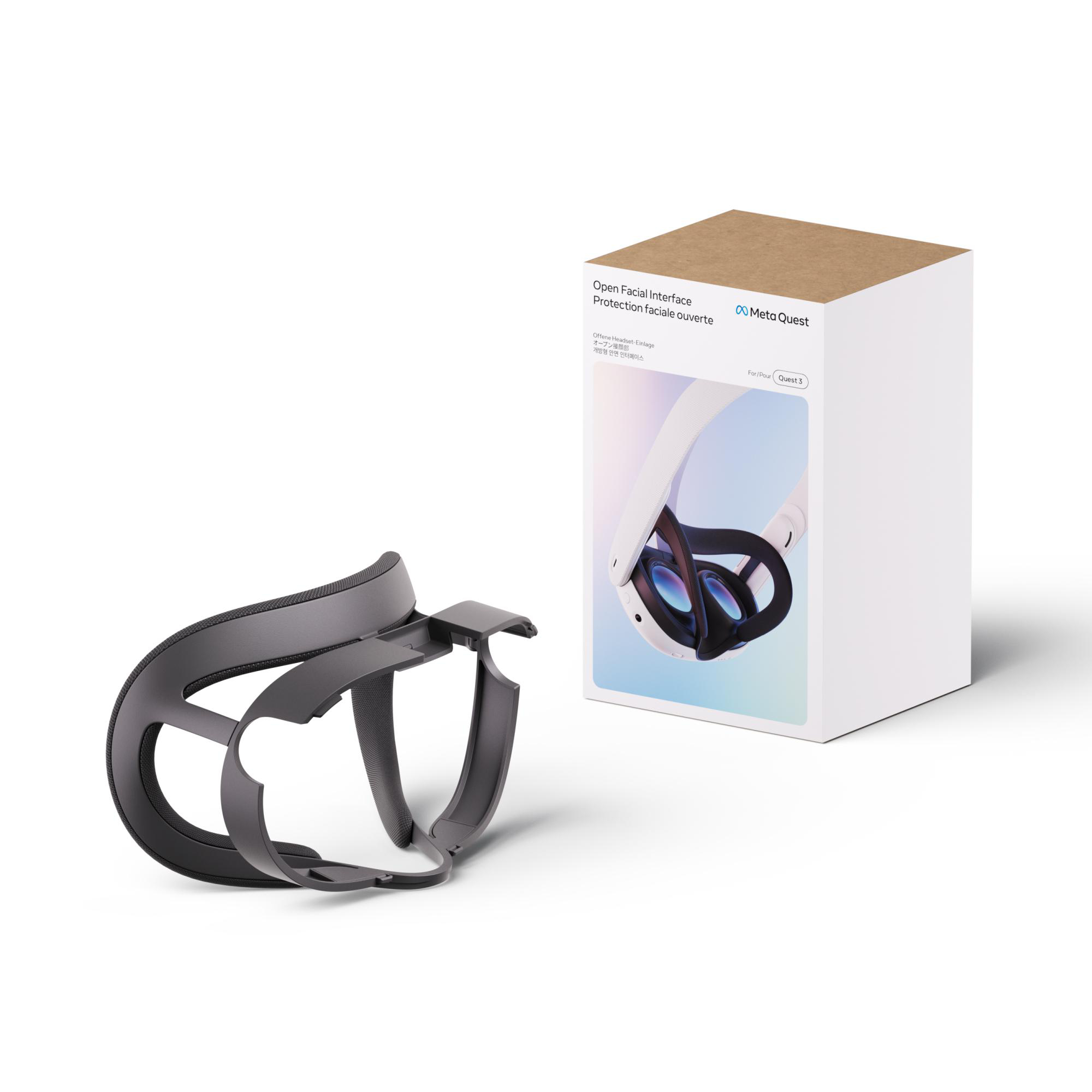 VR-Headset-Komponenten und -Box. Ein schwarzer Headset-Rahmen befindet sich neben einer weißen Box mit Meta Quest-Branding.