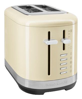 Cremefarbener Toaster mit zwei Schlitzen und Reglern. Er hat einen Chromsockel und Knöpfe.