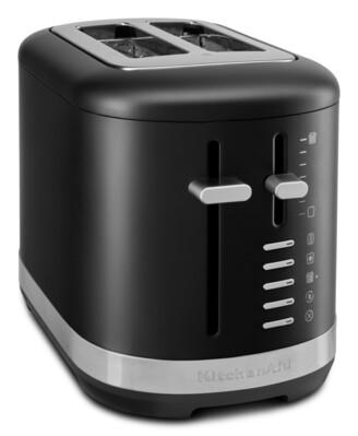 Schwarzer Toaster mit zwei Schlitzen und silbernen Akzenten.