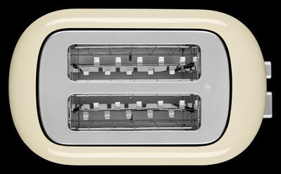 Cremefarbener Toaster, Draufsicht, Schlitze sichtbar, schwarzer Hintergrund.