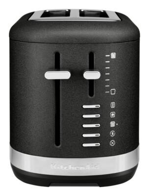Schwarzer Küchen-Toaster, Edelstahl-Akzente, zwei Schlitze und Bedienfeld.