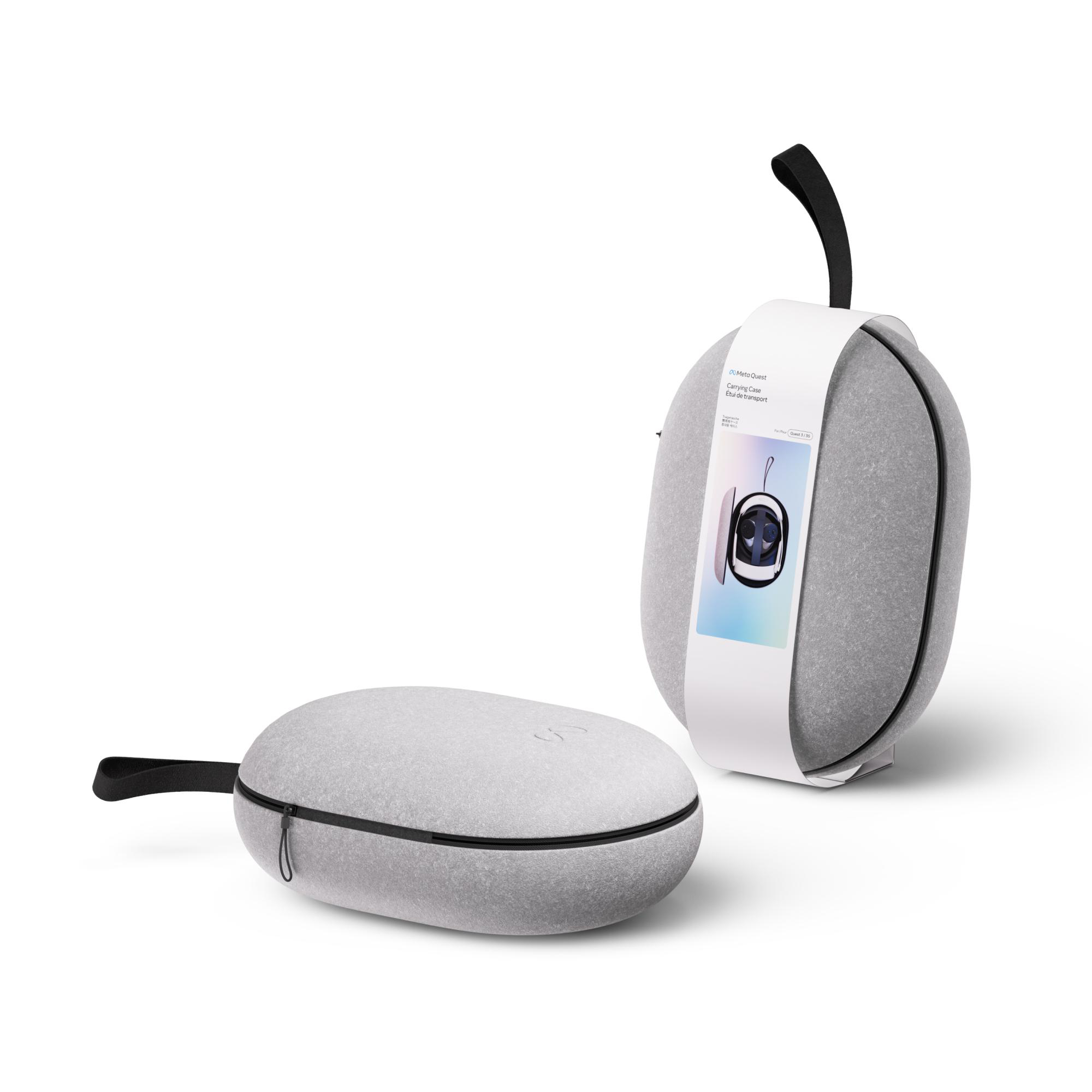 Zwei graue VR-Headset-Hüllen, eine offen, mit Griff und weißem Etikett.
