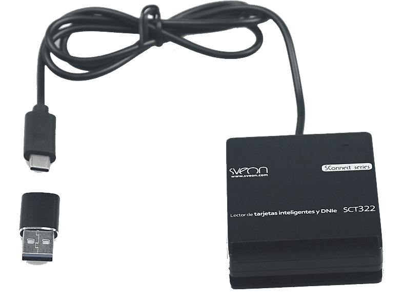 Lector de tarjetas - Sveon SCT322, DNI 3.0/2.0 y Tarjetas inteligentes, USB TipoC, Adaptador 2.0, Negro