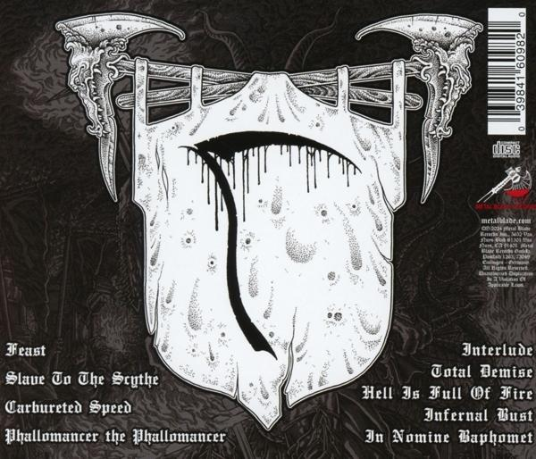Albumcover für ein Album mit einem weiß-schwarzen Design einer Sense in einem Schild mit Text.