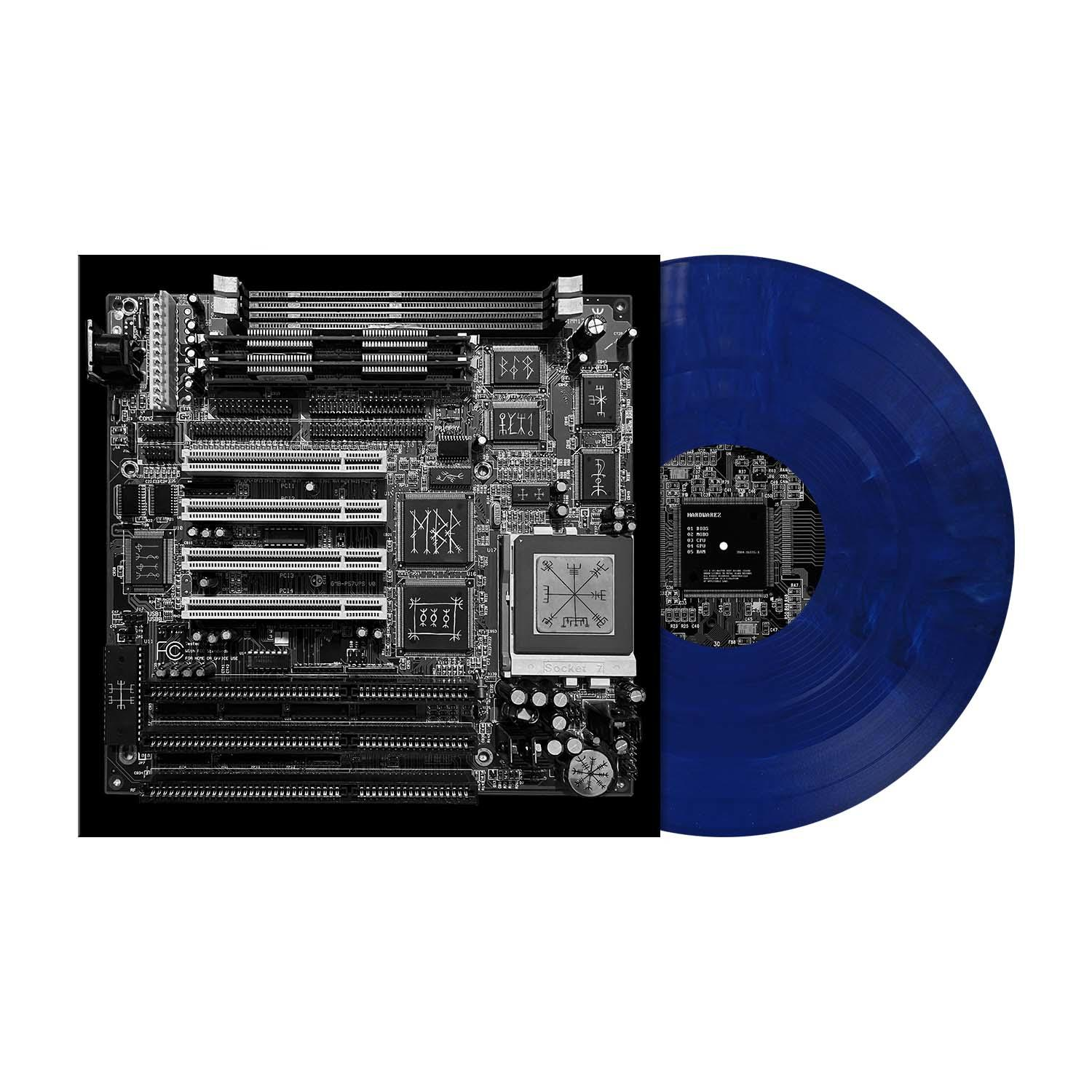 Eine Schallplatte mit Motherboard-Design auf dem Cover und einer blauen, marmorartigen Platte.