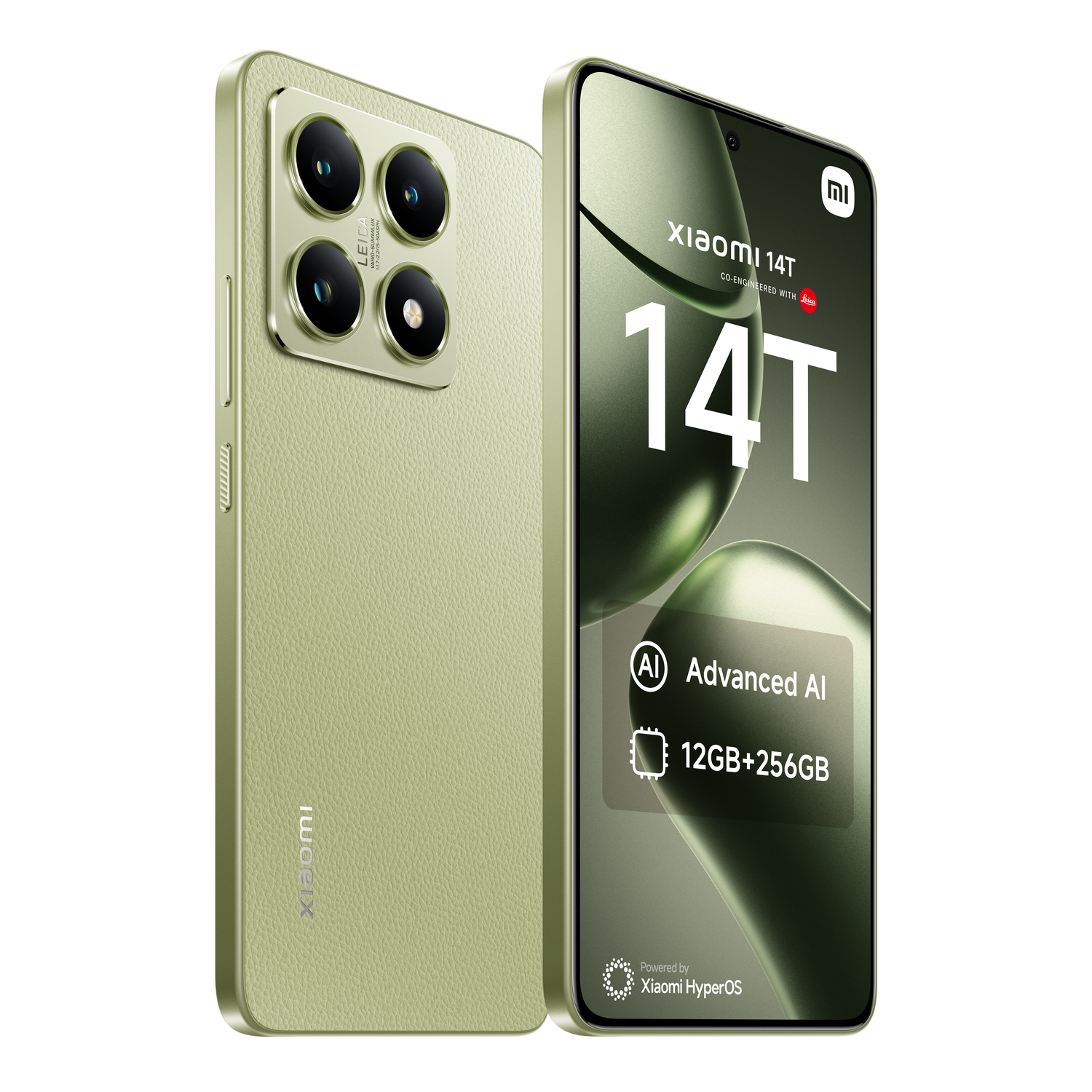 Smartphone Xiaomi 14T verde, vista trasera y frontal. Frente muestra pantalla.