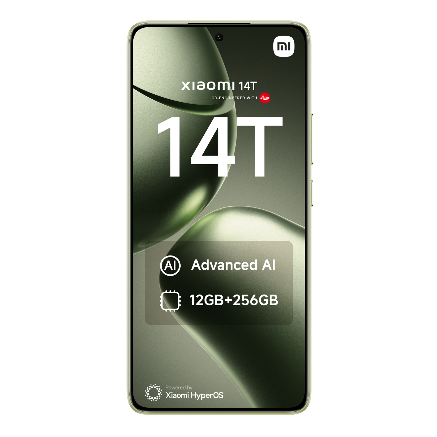 Un teléfono Xiaomi 14T verde con texto. El fondo es verde. Se muestra Advanced AI y 12GB+256GB.