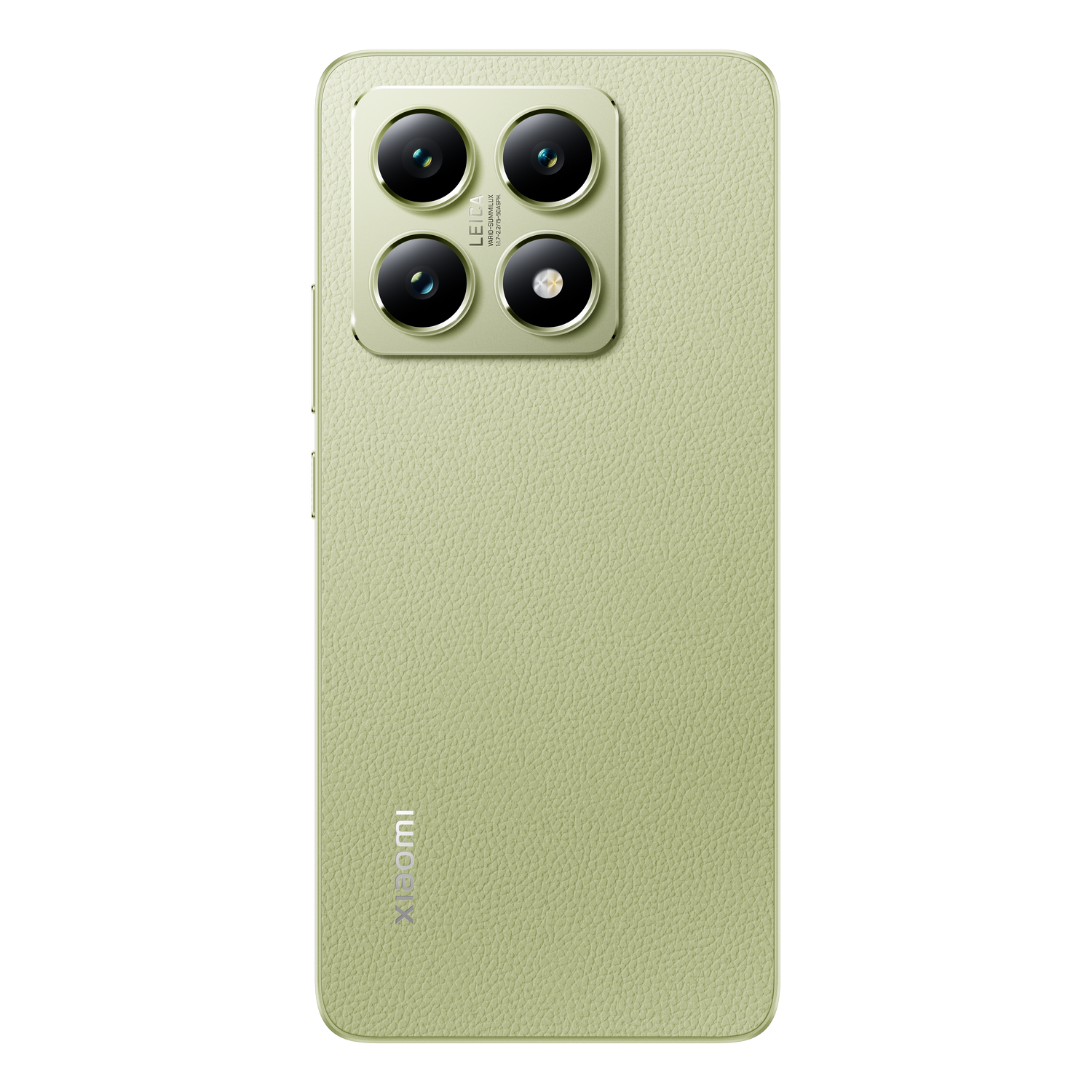 Parte trasera de teléfono verde con conjunto de cámaras. Fondo neutral.