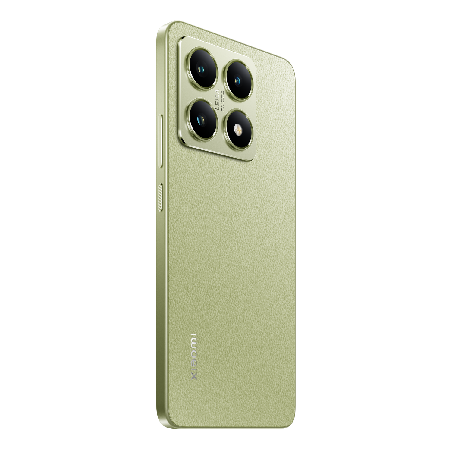 Un teléfono verde con cuatro cámaras traseras. El logotipo de Leica es visible. Marca Xiaomi en el teléfono.