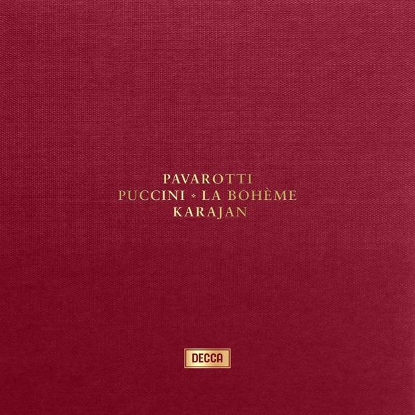 Couverture de livre avec le titre "Pavarotti, Puccini, La Bohème, Karajan" en or sur fond rouge.