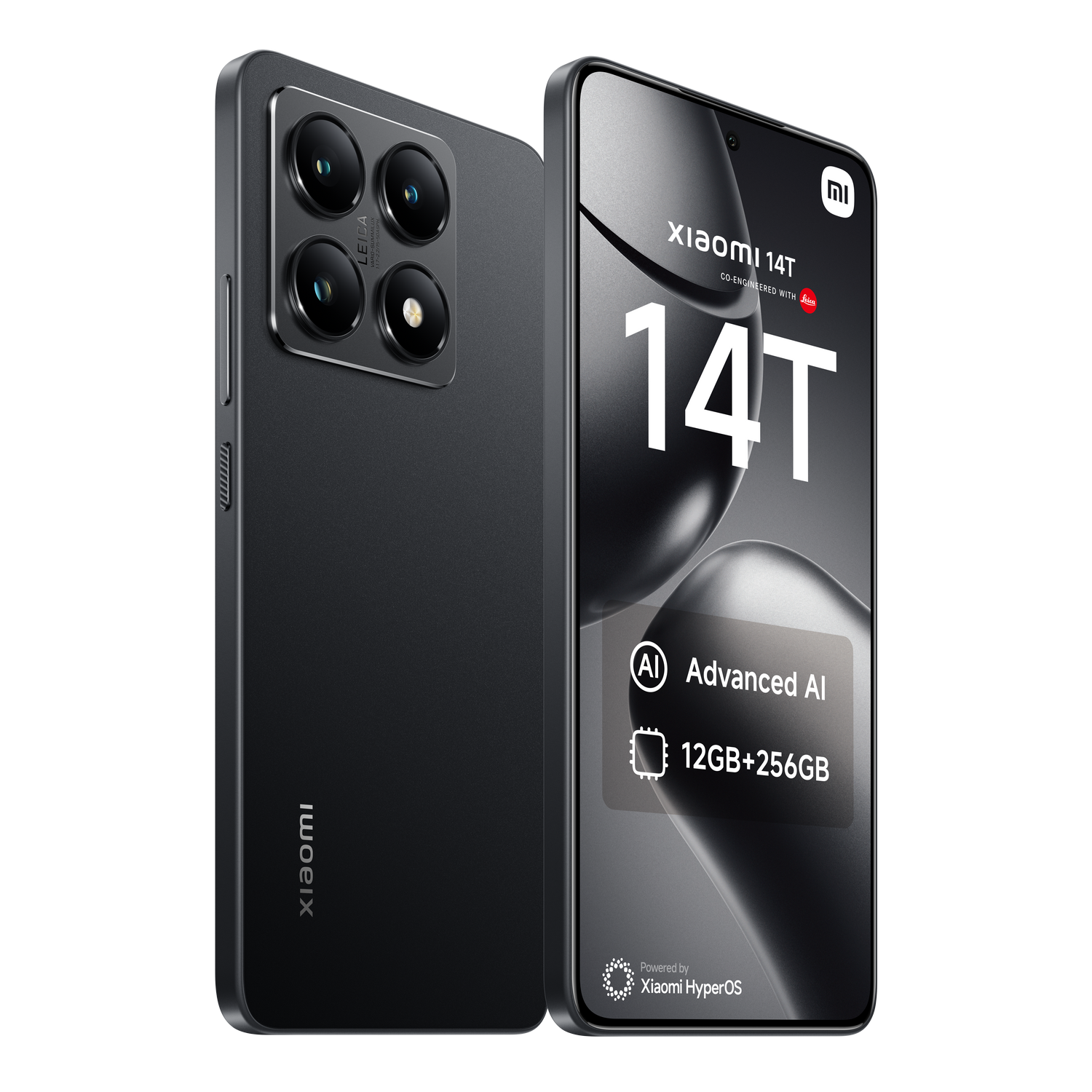 Smartphone negro con cámara de triple lente, texto blanco 'Xiaomi 14T'.