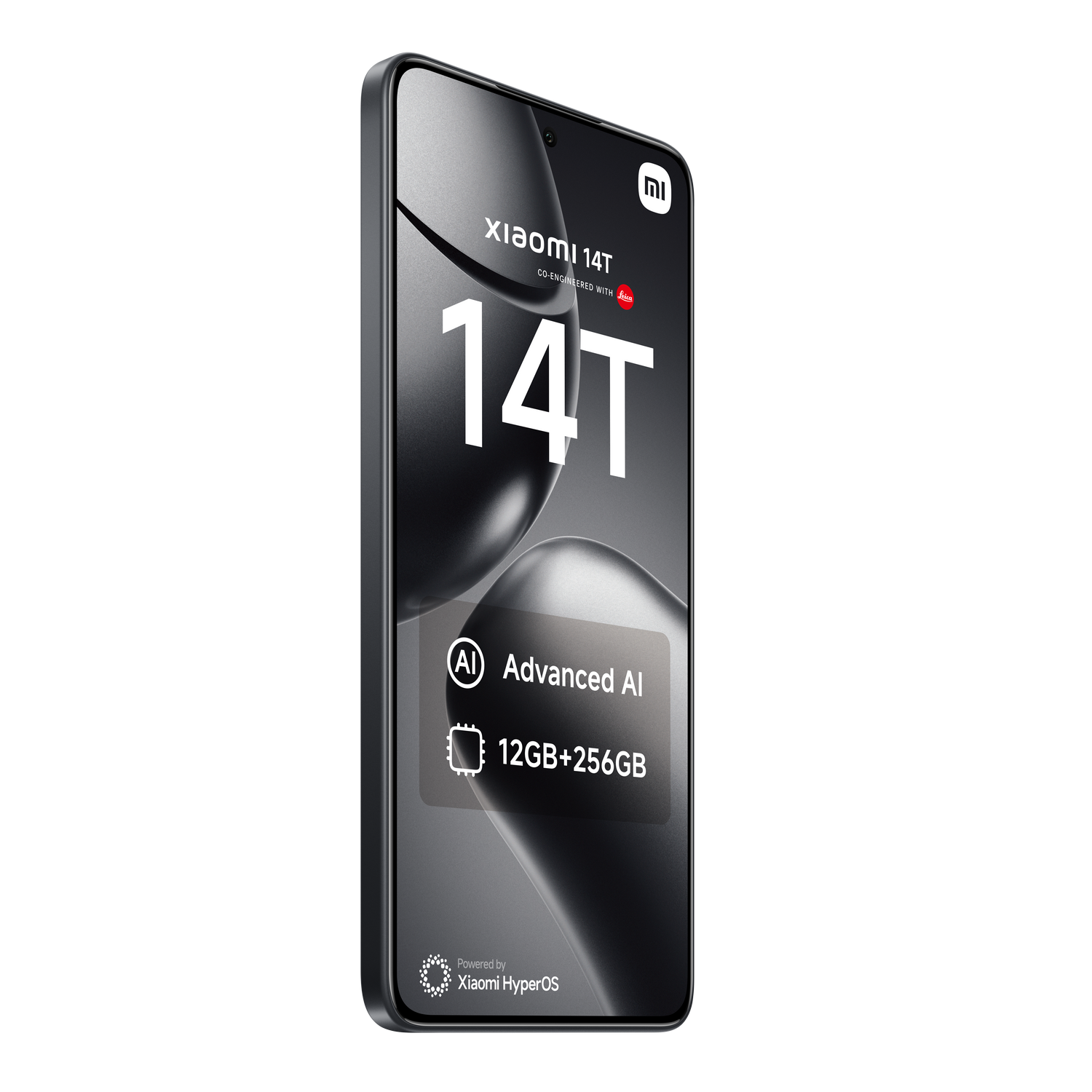Teléfono Xiaomi 14T sobre fondo negro, con el logotipo 14T, AI, 12GB+256GB y Xiaomi HyperOS.
