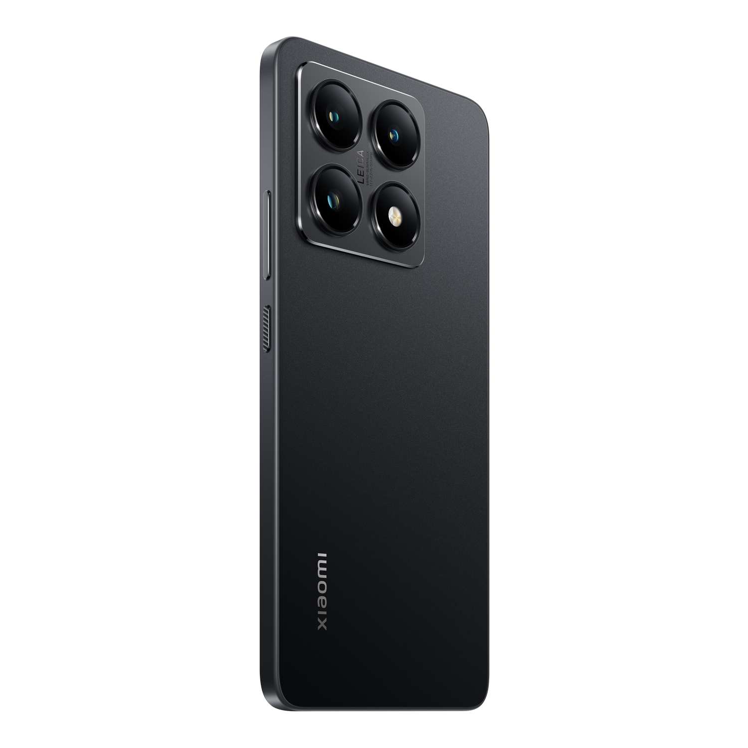 Teléfono negro, sistema de cámara Leica, logotipo de Xiaomi. Fondo oscuro.