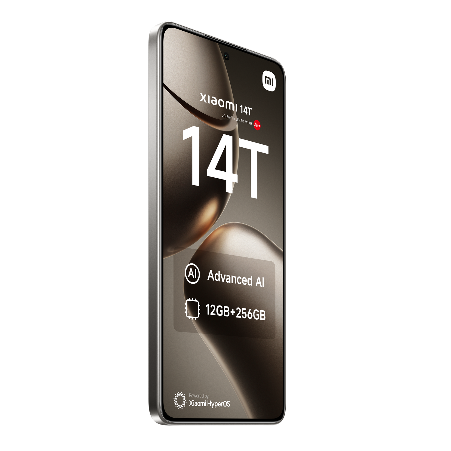 Un smartphone negro con las palabras "xiaomi 14T" en la pantalla. Tiene un marco plateado.