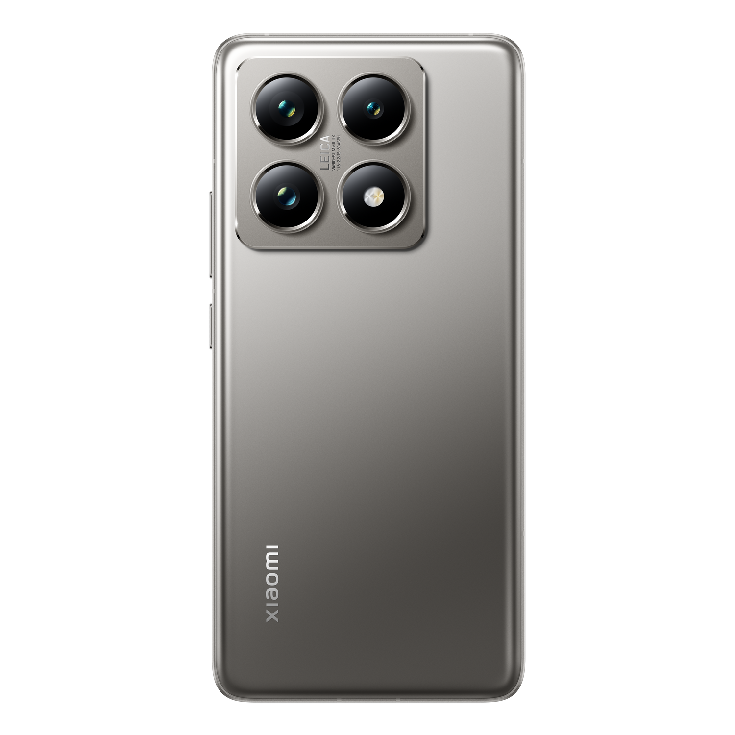 Un teléfono con parte trasera plateada, cuatro cámaras y el logo de Xiaomi sobre fondo negro.