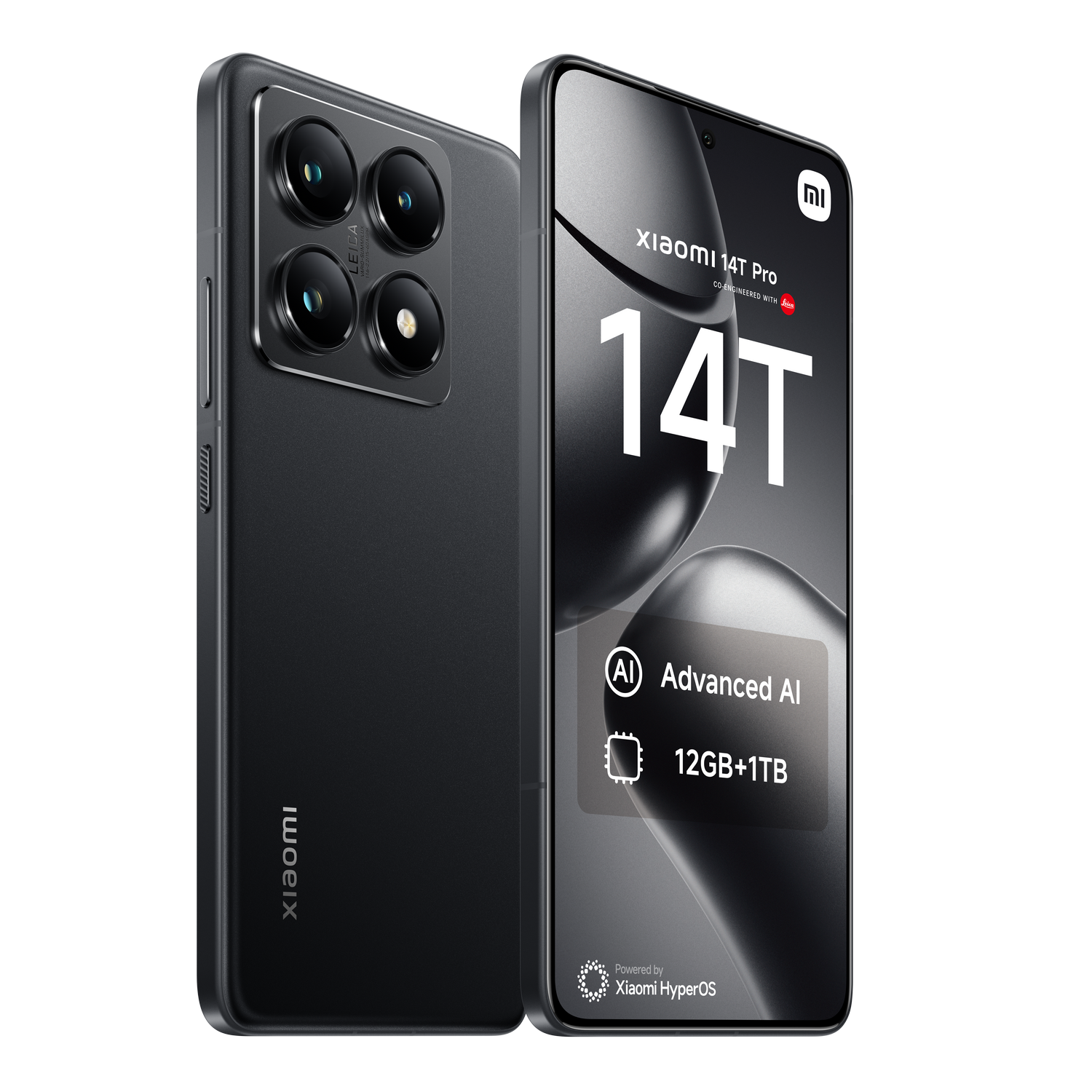 Teléfono negro Xiaomi 14T Pro. Vista trasera con cámaras Leica. Texto: 14T, IA Avanzada, 12GB+1TB.