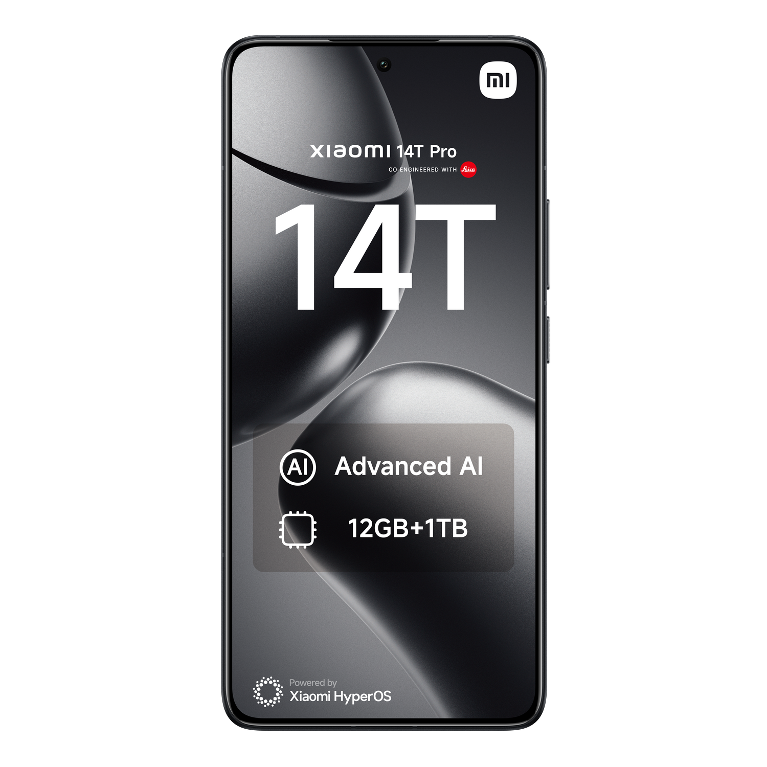 Un smartphone que muestra el Xiaomi 14T Pro, con IA avanzada y 12GB+1TB.
