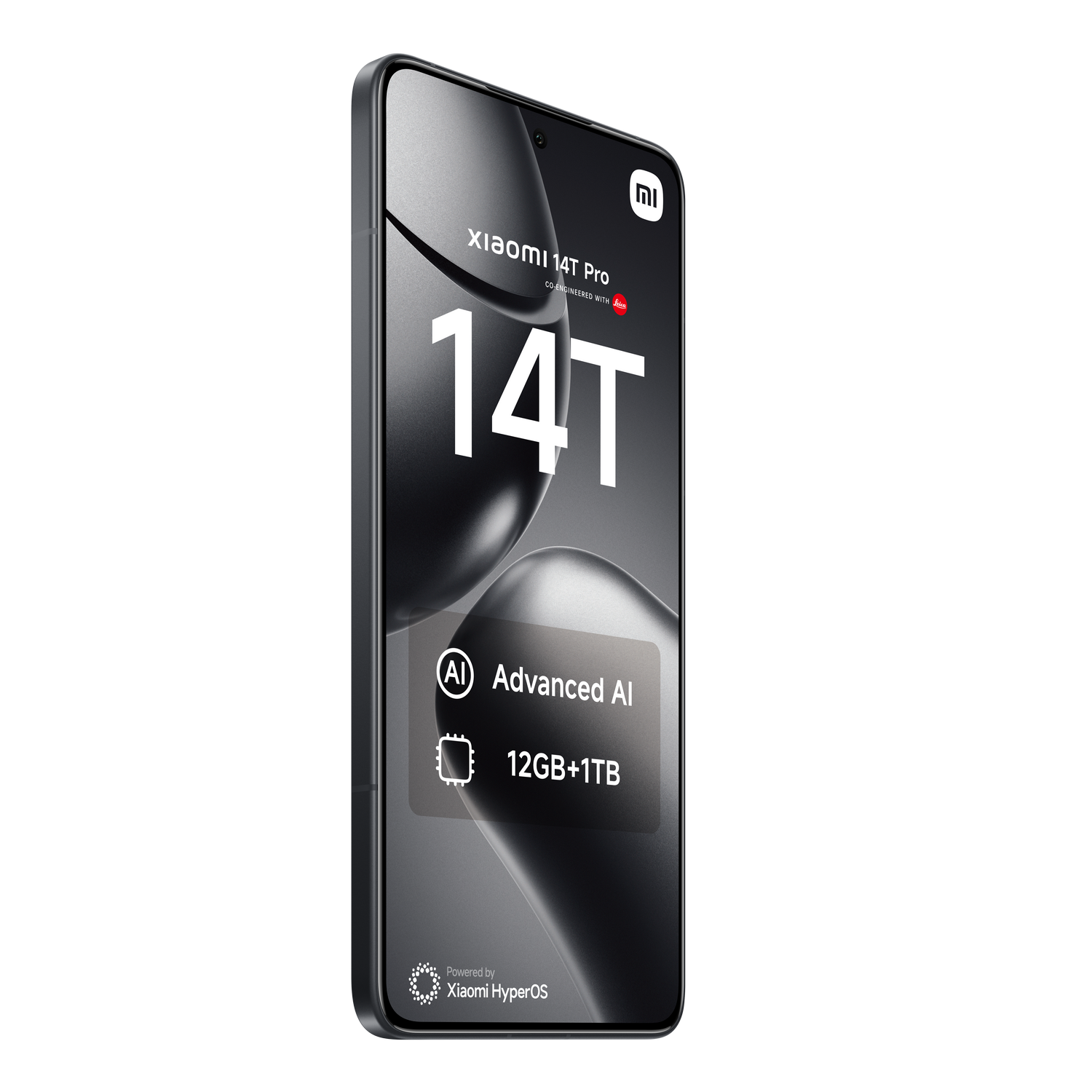 Smartphone negro con pantalla grande, con 'Xiaomi 14T Pro' en pantalla, detalles de IA y almacenamiento.