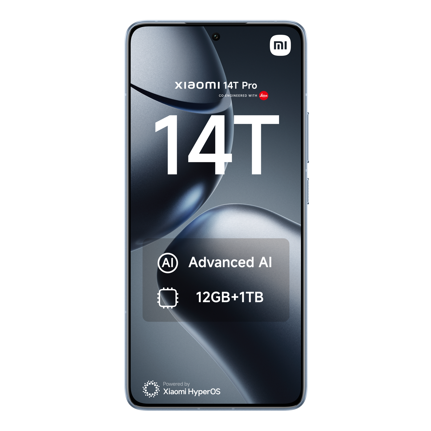 Teléfono Xiaomi 14T Pro, texto blanco sobre fondo azul. Detalles: IA avanzada y 12GB+1TB.
