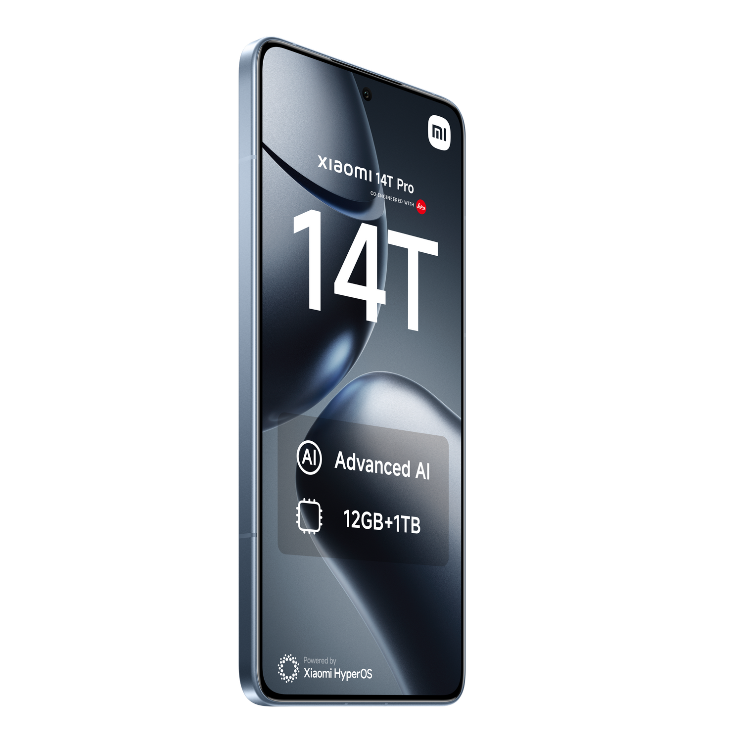 Teléfono Xiaomi 14T Pro, pantalla negra con texto blanco, sobre fondo oscuro. Tiene IA y 12GB+1TB.
