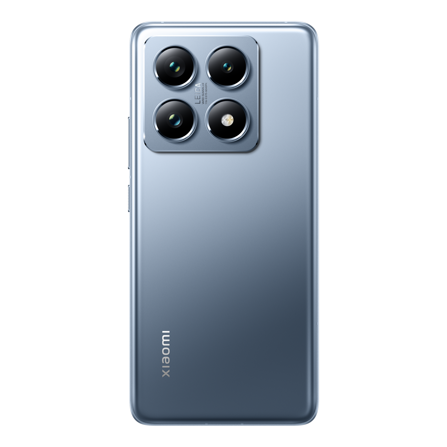 La parte trasera de un teléfono Xiaomi azul con cuatro cámaras y el logotipo de Xiaomi. Fondo negro.