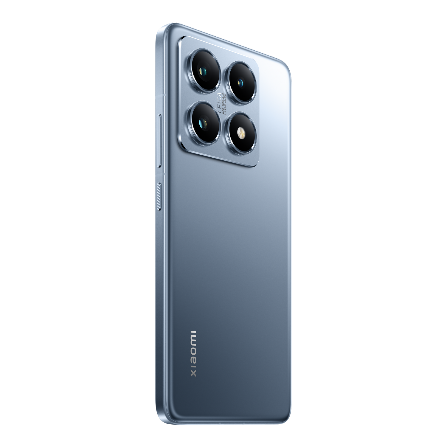 Smartphone azul con cuatro cámaras traseras, marca Leica y logotipo Xiaomi sobre fondo negro.