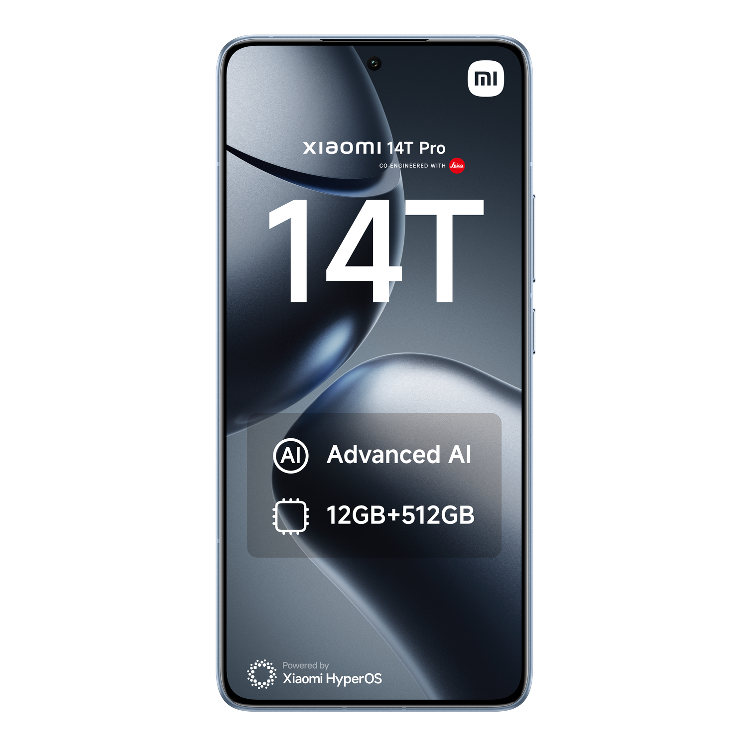 Pantalla de smartphone con texto "14T" y "Advanced AI". Tiene un diseño elegante con triple cámara.