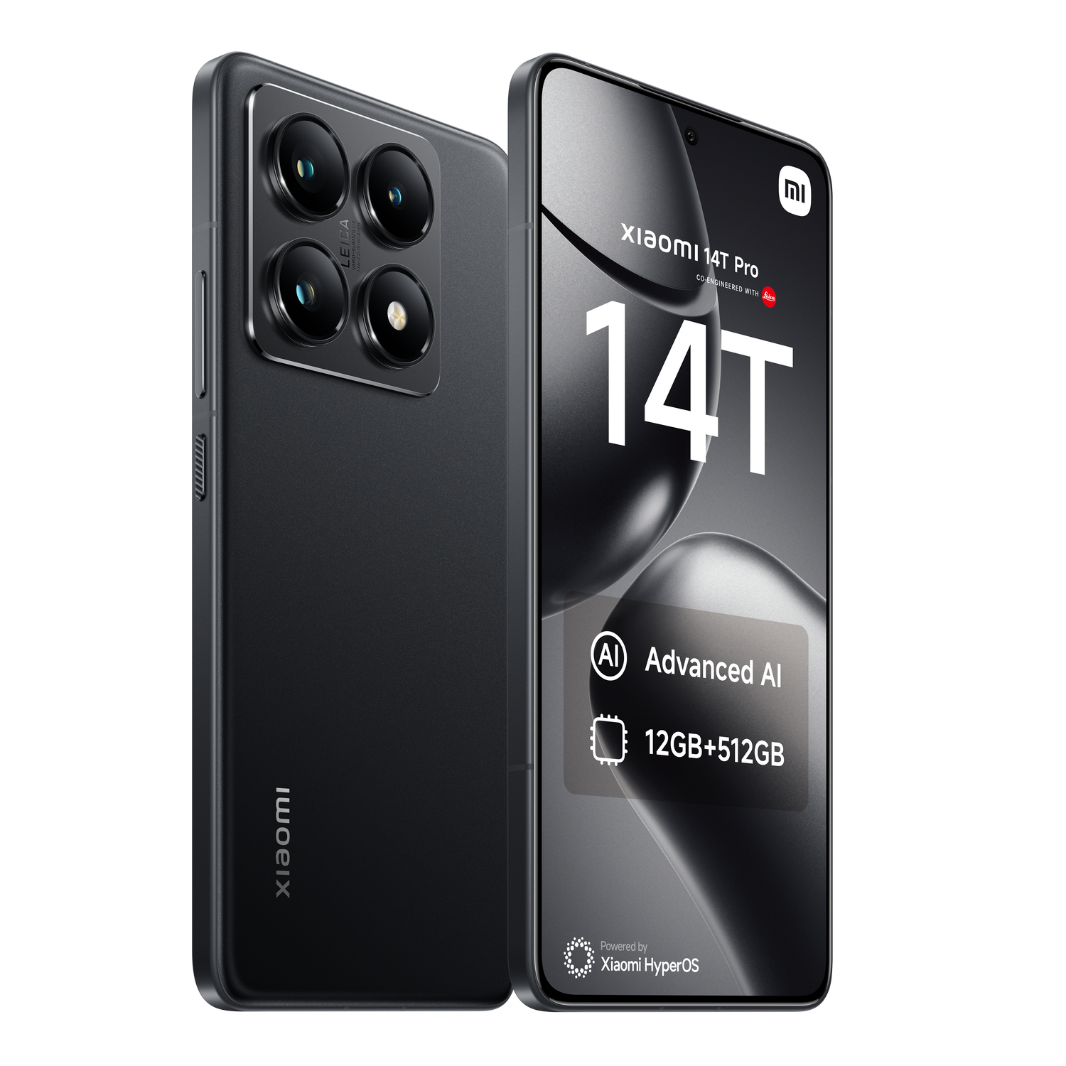 Teléfono Xiaomi negro con cuatro cámaras, pantalla con especificaciones y fondo blanco.