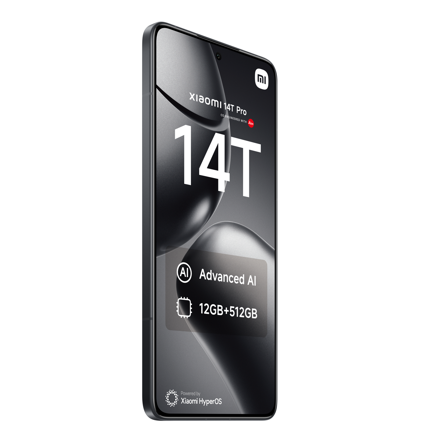 Un nuevo teléfono inteligente con la pantalla encendida. El teléfono es negro y muestra el nombre de la marca y las especificaciones.