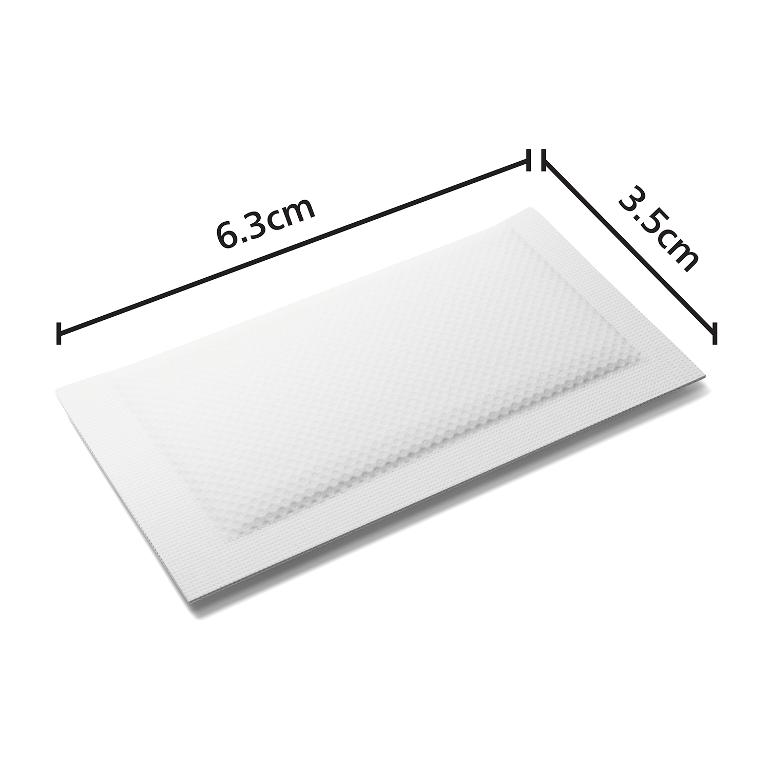 Cerotto medico bianco con dimensioni, sfondo bianco, primo piano.
