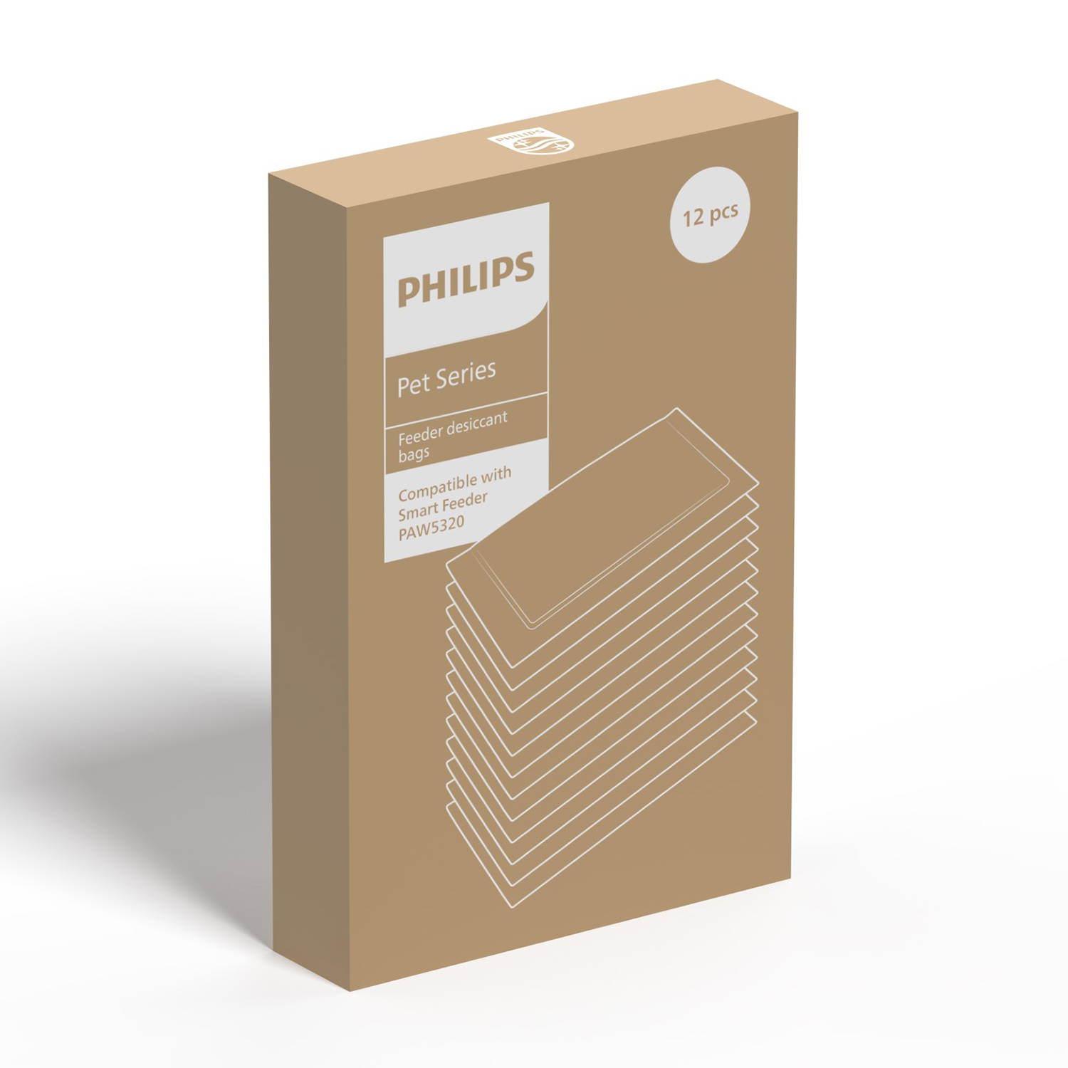 Una scatola di sacchetti essiccanti per mangiatoia Philips Pet Series, compatibili con un Smart Feeder.