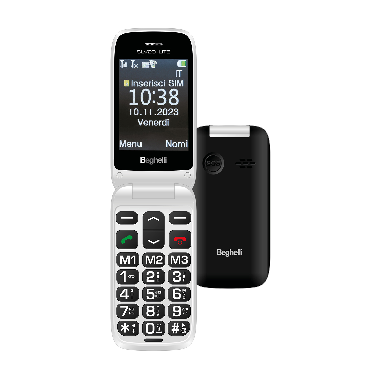Telefono a conchiglia, bianco e nero. Aperto, mostra schermo e tastiera. Marchio Beghelli.