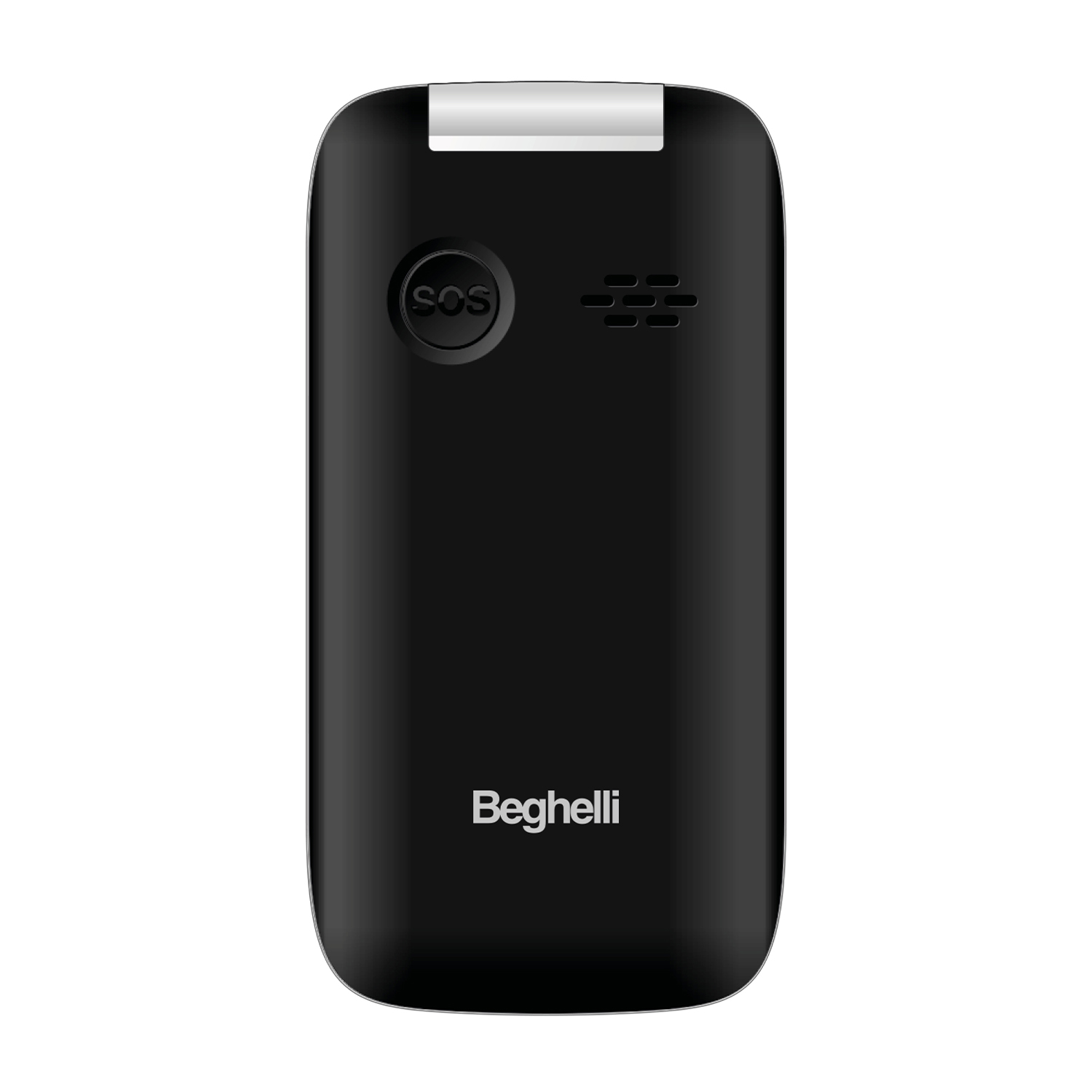 Telefono Beghelli nero con pulsante SOS e altoparlante sul retro.