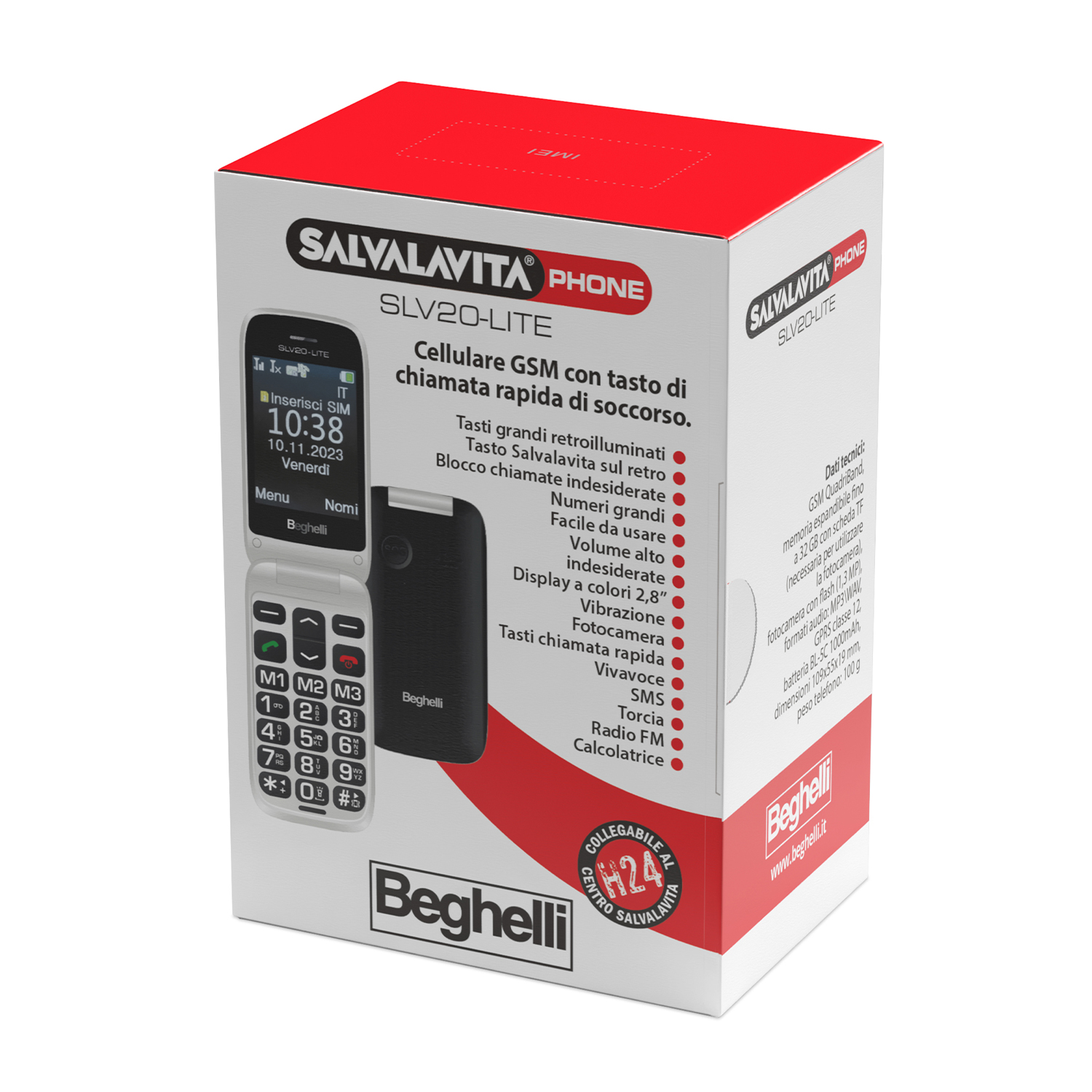Una scatola per telefono a conchiglia con telefono, istruzioni e funzioni elencate.